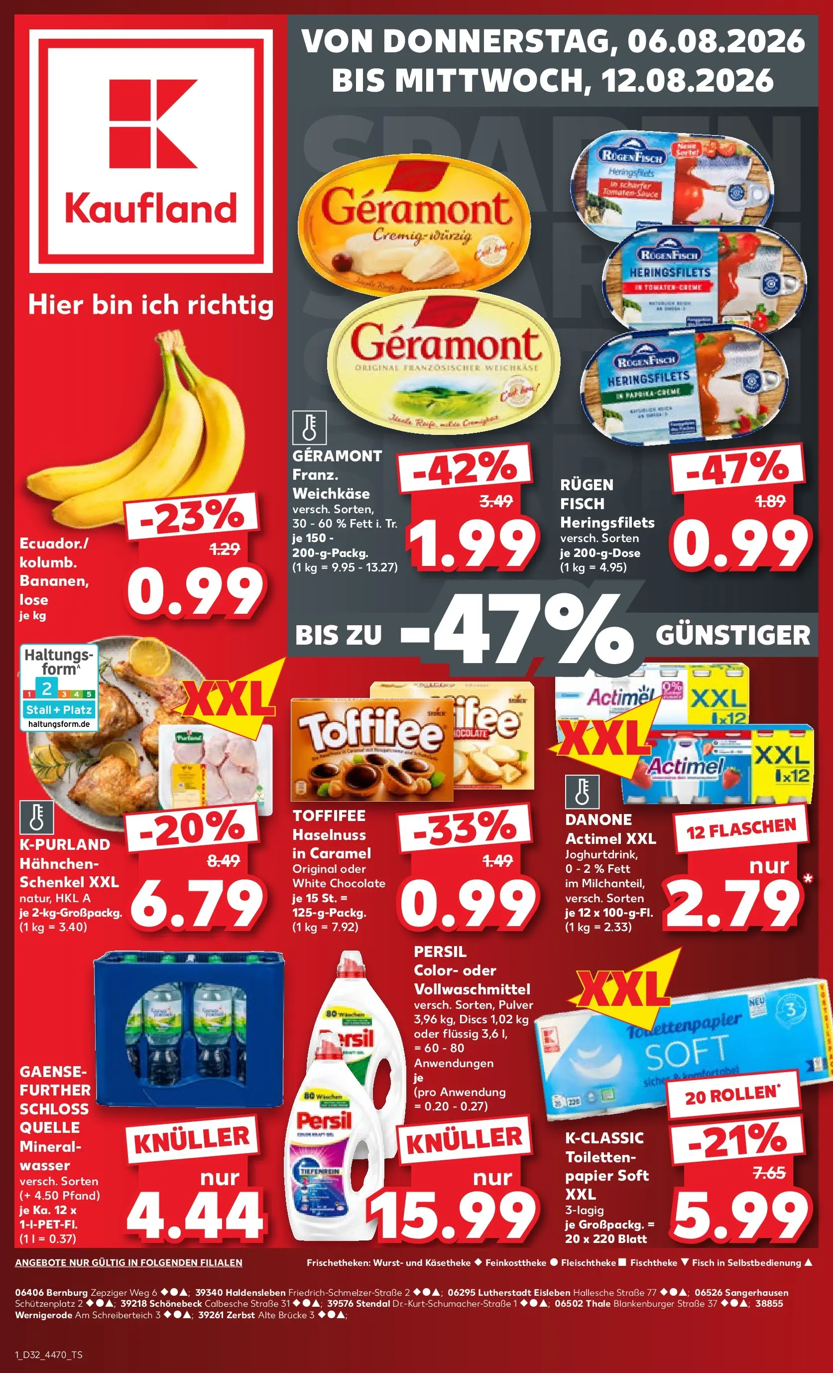 Prospekt Kaufland ab 06.08.2026 ยป Angebote und Werbung Online | Seite: 1 | Produkte: Geramont, Hahnchen, Actimel, Wasser Prospekt Kaufland ab 06.08.2026 ยป Angebote Online zum Blรคttern | Seite: 1 | Produkte: Geramont, Hahnchen, Actimel, Wasser