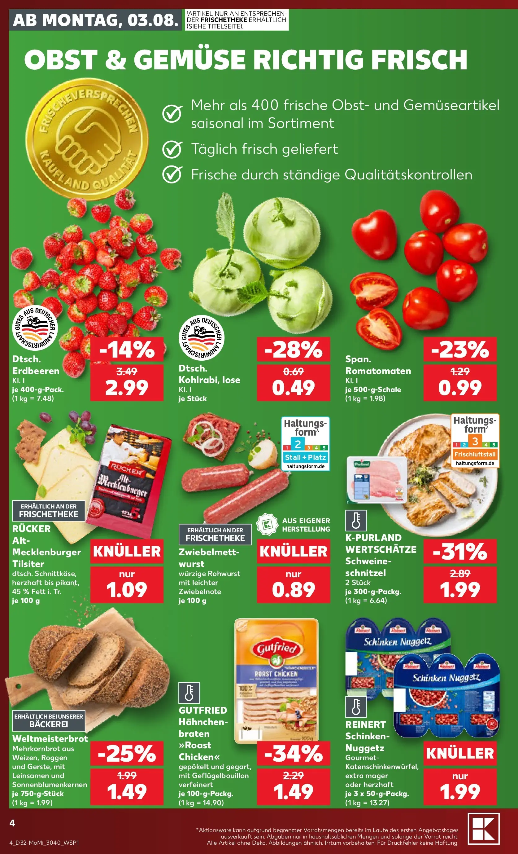 Prospekt Kaufland ab 03.08.2026 » Angebote Online zum Blättern | Seite: 4 | Produkte: Bäckerei, Schnitzel, Schinken, Erdbeeren