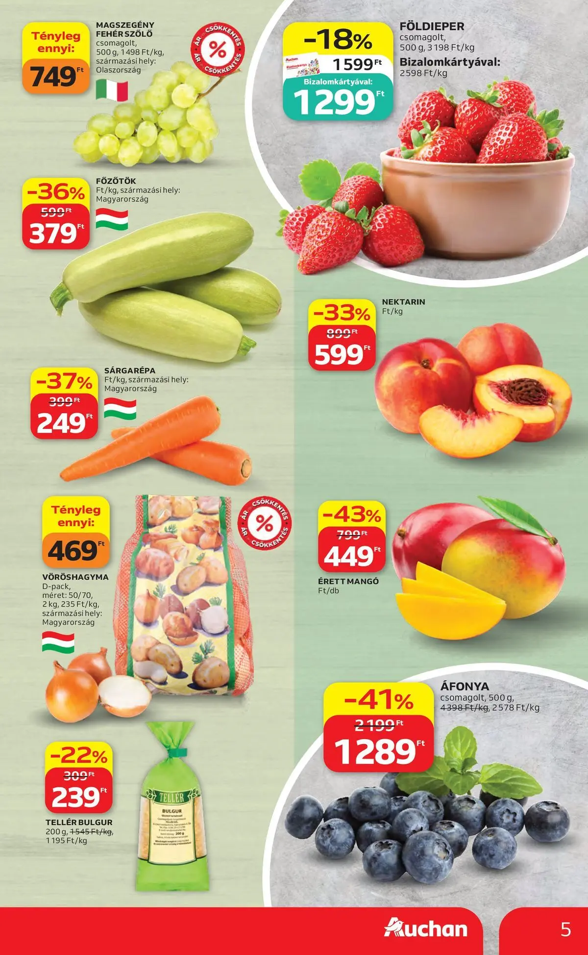 Auchan akciós újság Szolnok - 2026.07.30. -tól/töl > akció, lapozható szórólap 🛍️ | Oldal: 5 | Termékek: Szőlő, Áfonya, Sárgarépa, Bulgur