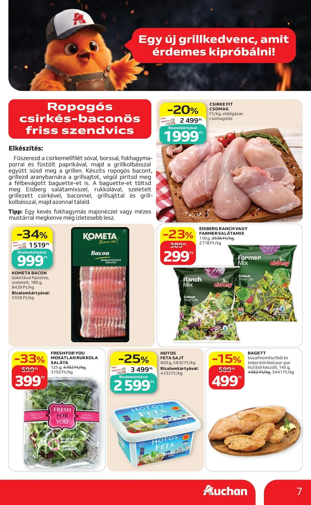 Auchan akciós újság Szolnok - 2026.07.30. -tól/töl > akció, lapozható szórólap 🛍️ | Oldal: 7 | Termékek: Farmer, Bagett, Sajt, Saláta