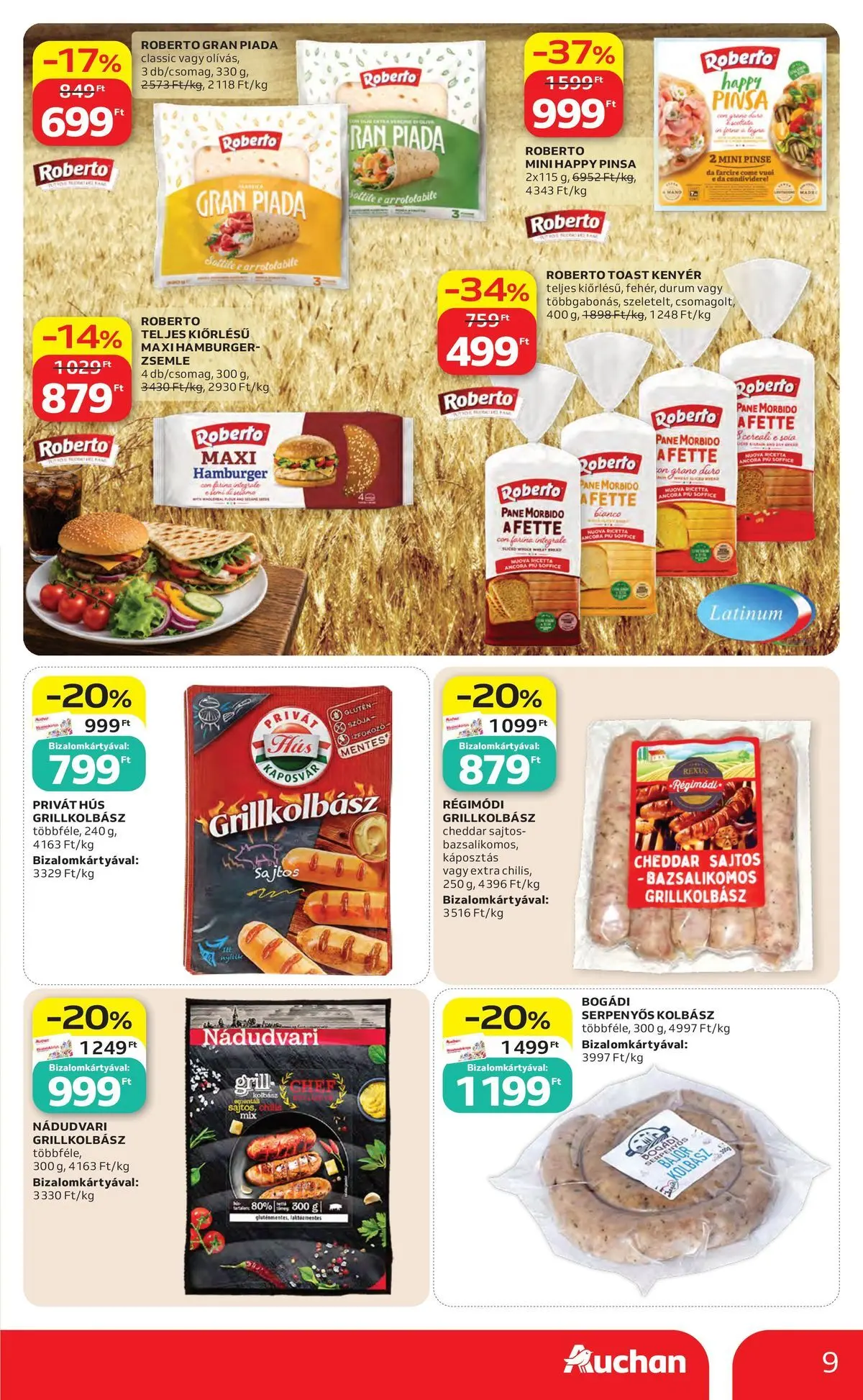 Auchan akciós újság Szolnok - 2026.07.30. -tól/töl > akció, lapozható szórólap 🛍️ | Oldal: 9 | Termékek: Kolbász, Hús, Zsemle, Grill