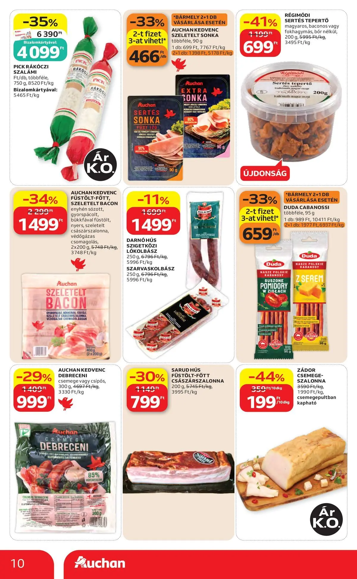 Auchan akciós újság Szolnok - 2026.07.30. -tól/töl > akció, lapozható szórólap 🛍️ | Oldal: 10 | Termékek: Debreceni, Szeletelt bacon, Sonka, Szalámi