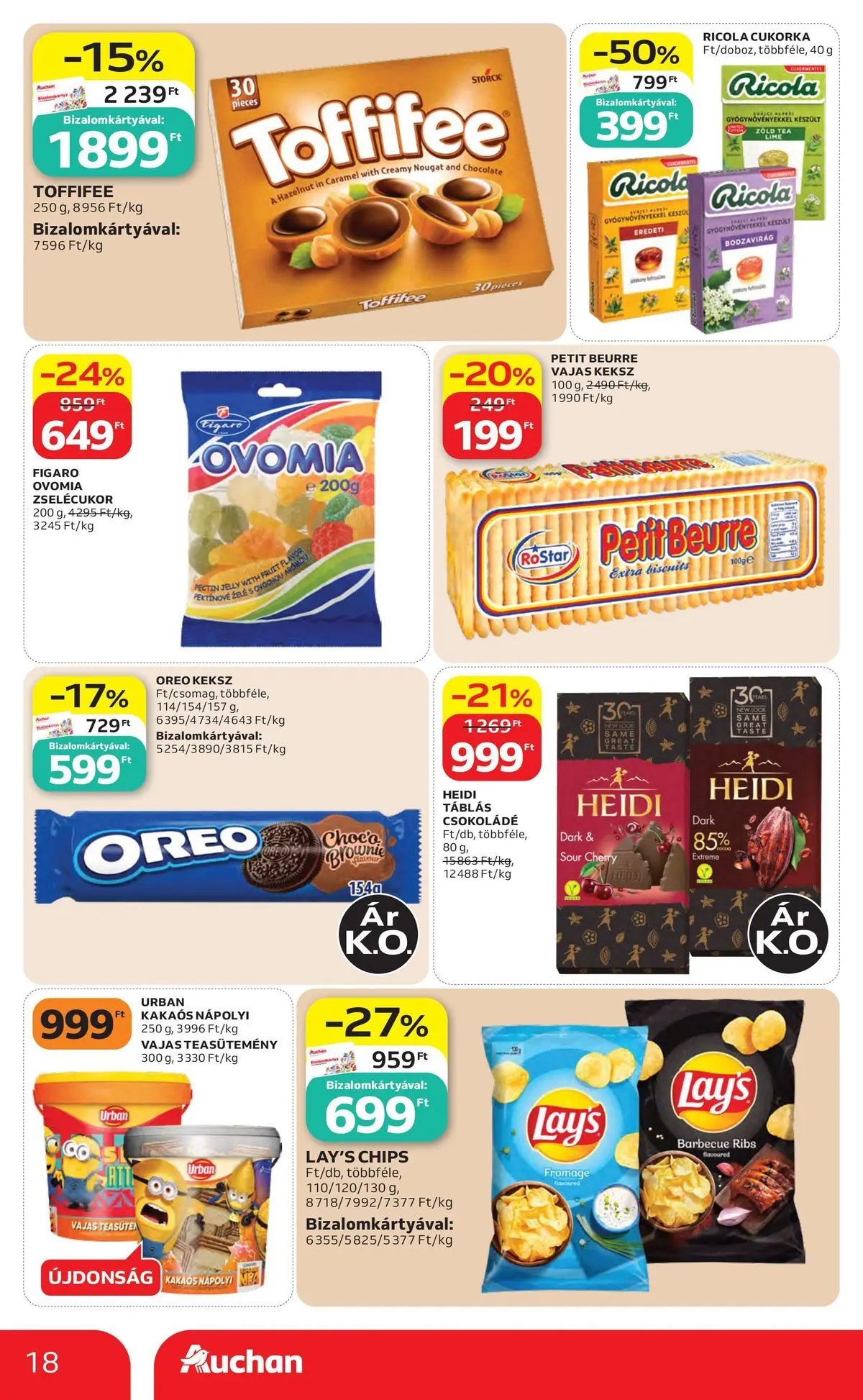 Auchan akciós újság Szolnok - 2026.07.30. -tól/töl > akció, lapozható szórólap 🛍️ | Oldal: 18 | Termékek: Chips, Teasütemény, Toffifee, Csokoládé