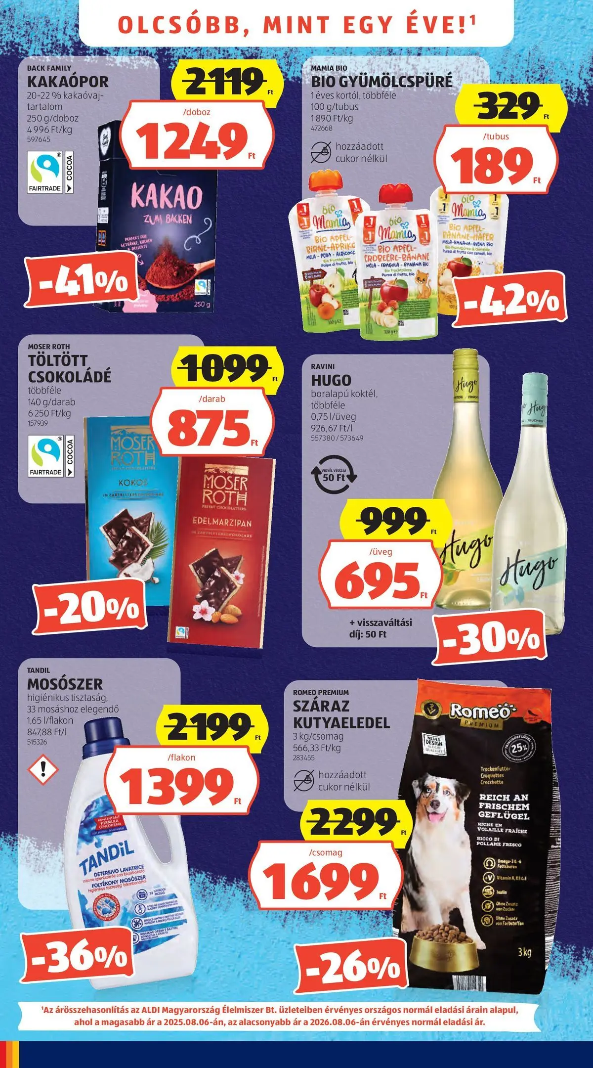 Aldi aktuális akciós újság - 2026.08.06. -tól/töl > akció, lapozható szórólap 🛍️ | Oldal: 4 | Termékek: Kutyaeledel, Mosószer, Kakaópor, Cukor