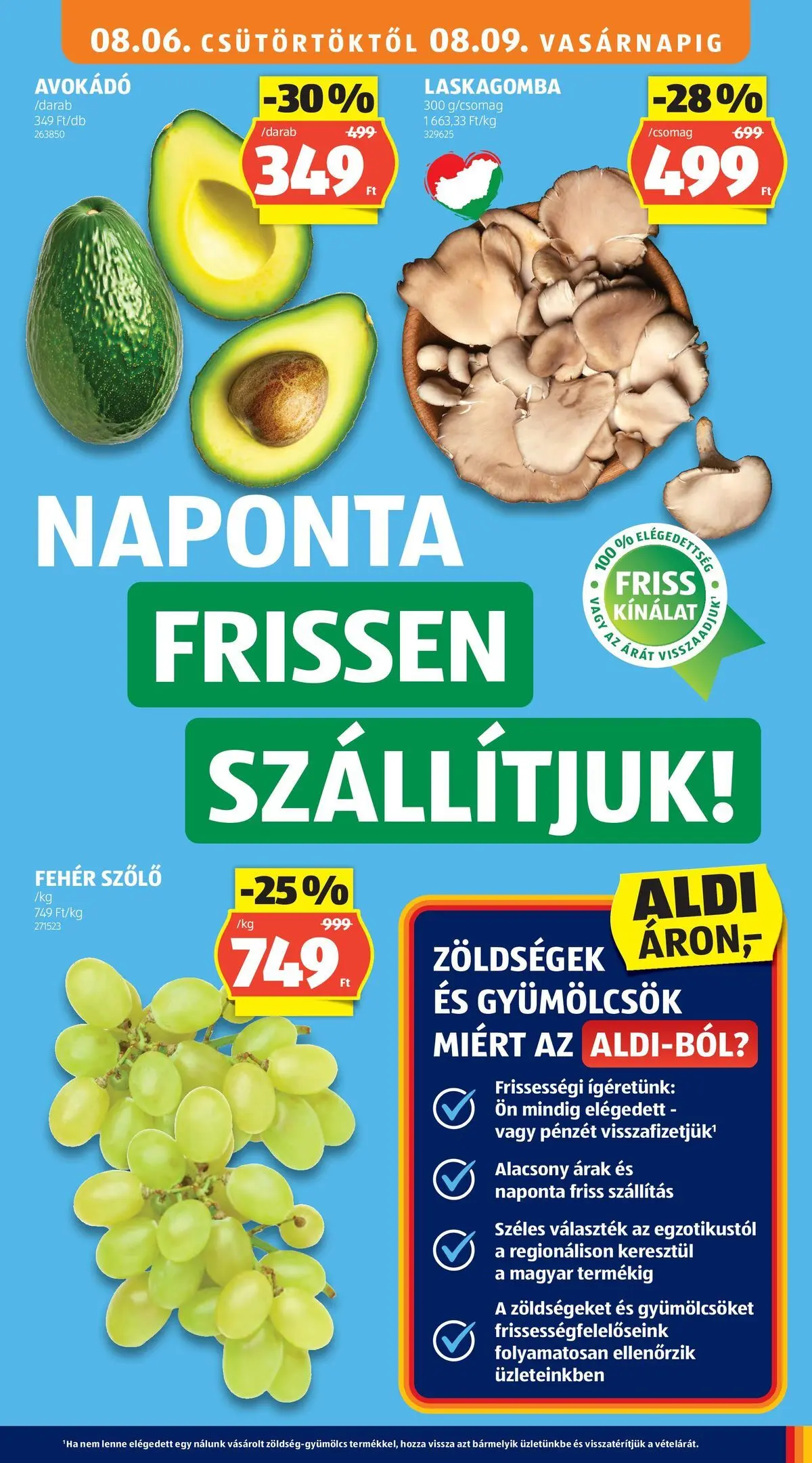 Aldi aktuális akciós újság - 2026.08.06. -tól/töl > akció, lapozható szórólap 🛍️ | Oldal: 5 | Termékek: Szőlő, Laskagomba, Avokádó