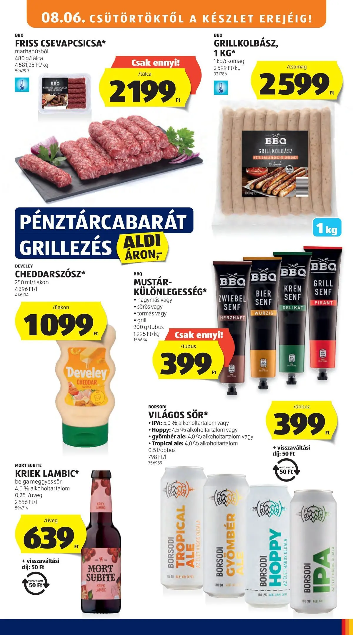 Aldi aktuális akciós újság - 2026.08.06. -tól/töl > akció, lapozható szórólap 🛍️ | Oldal: 9 | Termékek: Grillkolbász, Gyömbér, Cheddar, Mustár