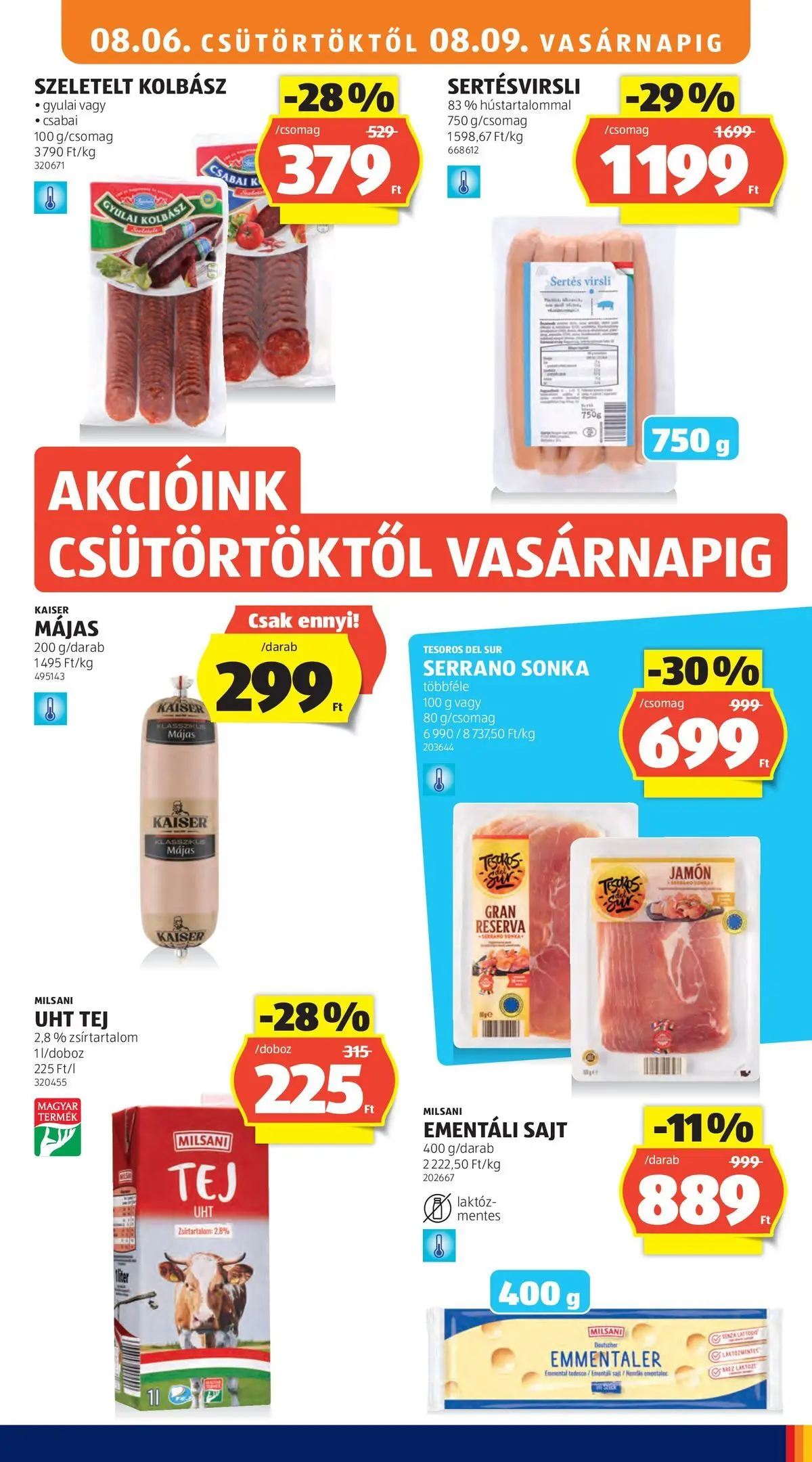 Aldi aktuális akciós újság - 2026.08.06. -tól/töl > akció, lapozható szórólap 🛍️ | Oldal: 13 | Termékek: Virsli, Ementáli sajt, Tej, Sajt