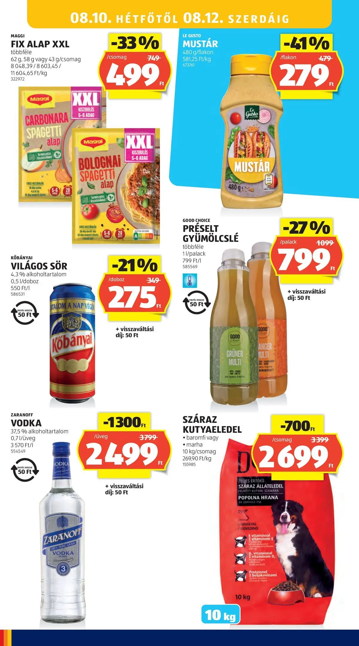 Aldi aktuális akciós újság - 2026.08.06. -tól/töl > akció, lapozható szórólap 🛍️ | Oldal: 22 | Termékek: Spagetti, Gyümölcslé, Kutyaeledel, Maggi