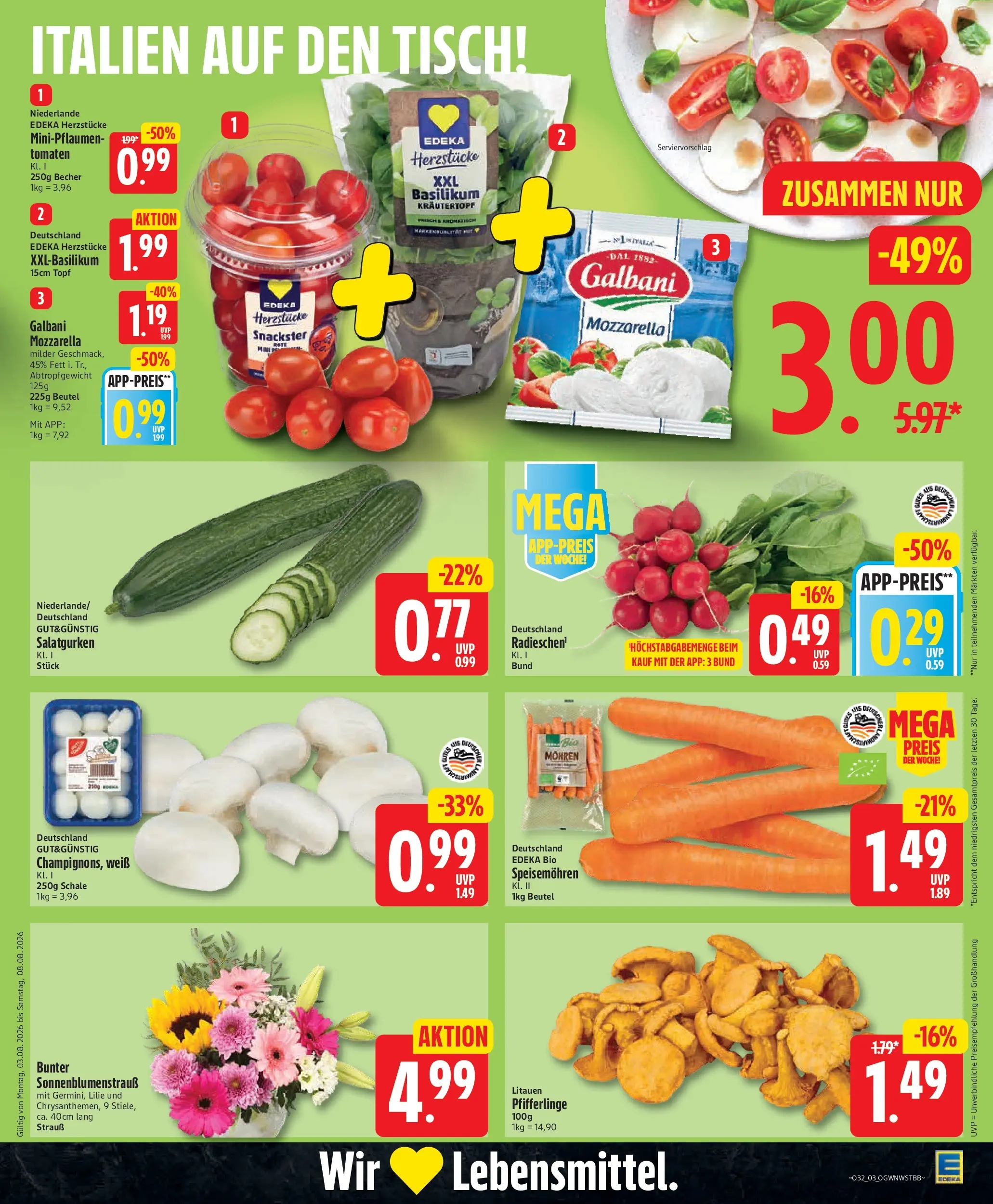 Edeka Jubiläumshandzettel Schomacker (ab 03.08.2026) » Angebote Online | Seite: 5 | Produkte: Tisch, Mozzarella, Tomaten, Pfifferlinge