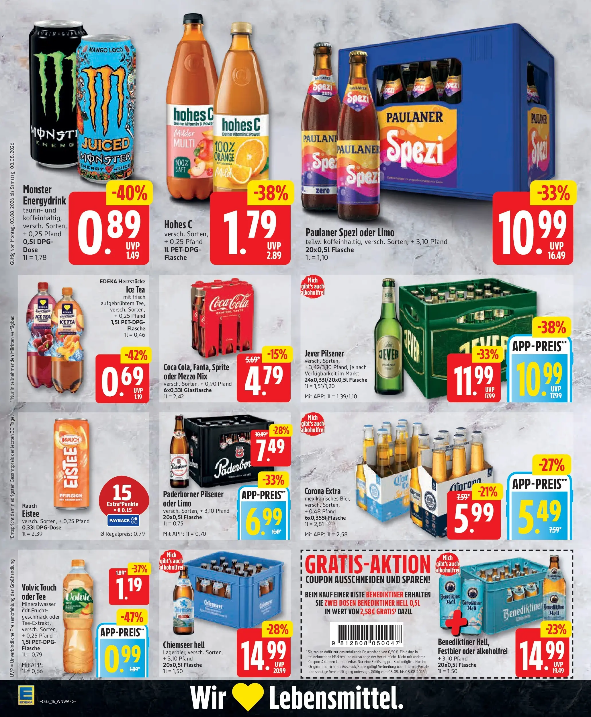 Edeka Jubiläumshandzettel Schomacker (ab 03.08.2026) » Angebote Online | Seite: 19 | Produkte: Cola, Volvic touch, Mineralwasser, Benediktiner hell