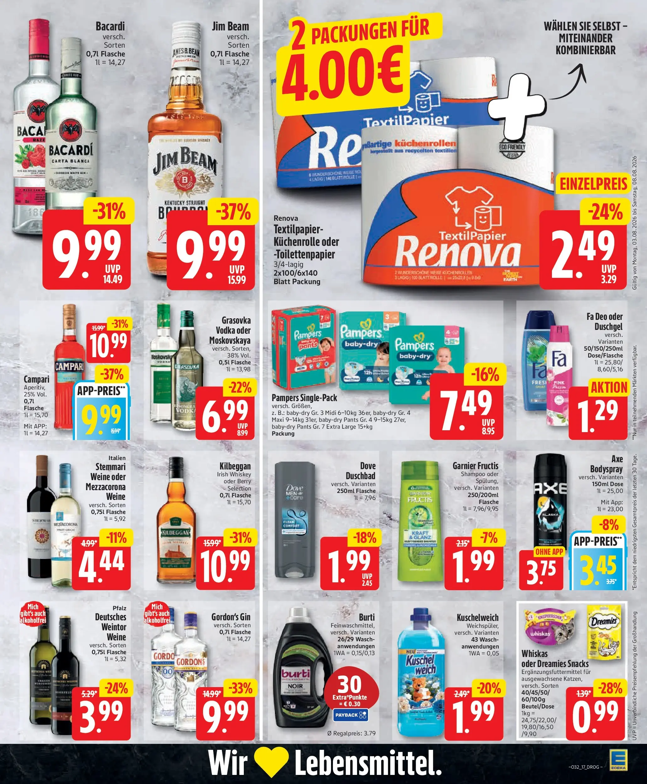 Edeka Jubiläumshandzettel Schomacker (ab 03.08.2026) » Angebote Online | Seite: 20 | Produkte: Bacardi, Jim beam, Campari, Kuschelweich