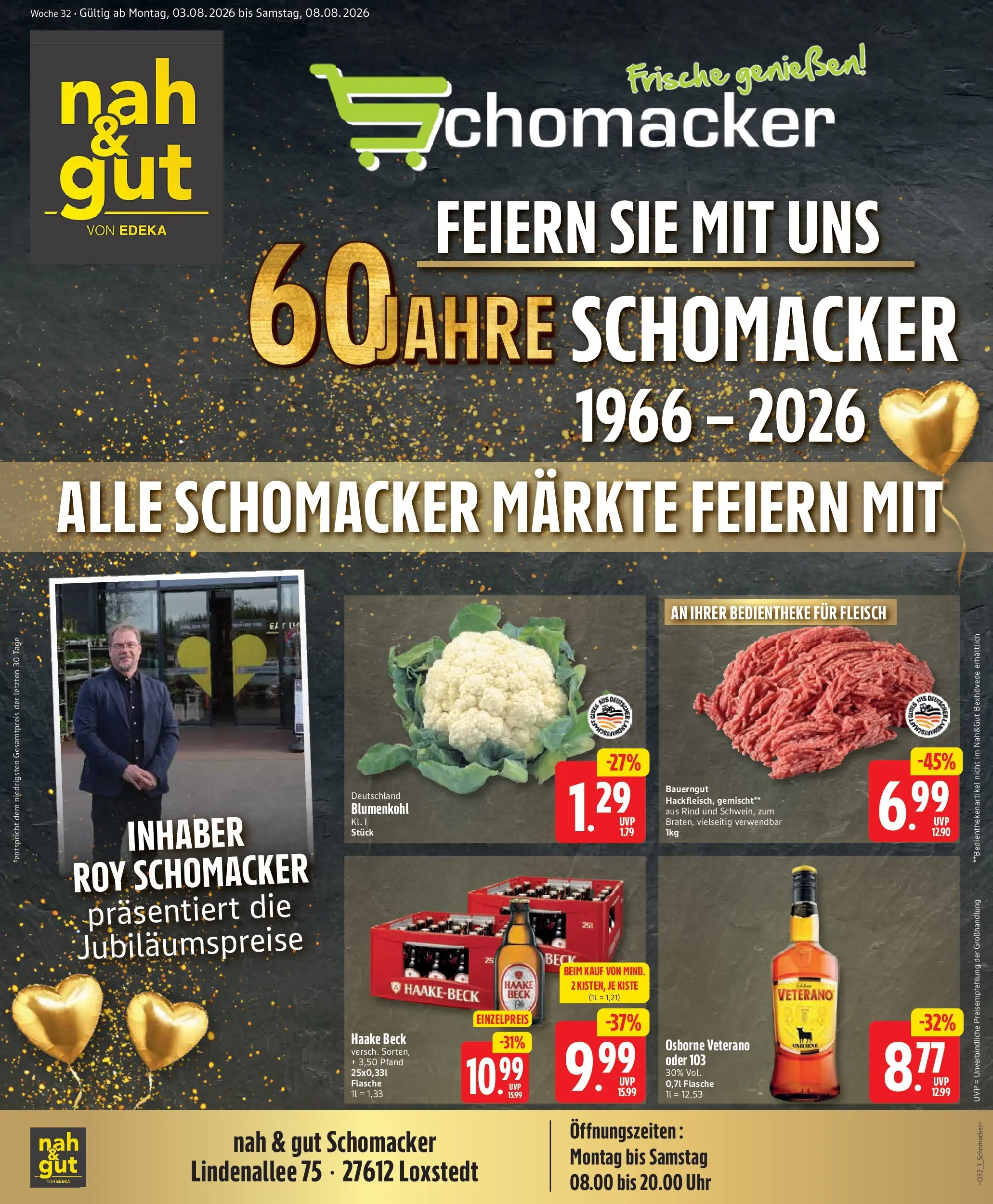 Angebote - Jubiläumshandzettel Schomacker (ab 02.08.2026) zum Blättern | Seite: 1 | Produkte: Osborne, Blumenkohl, Fleisch, Uhr