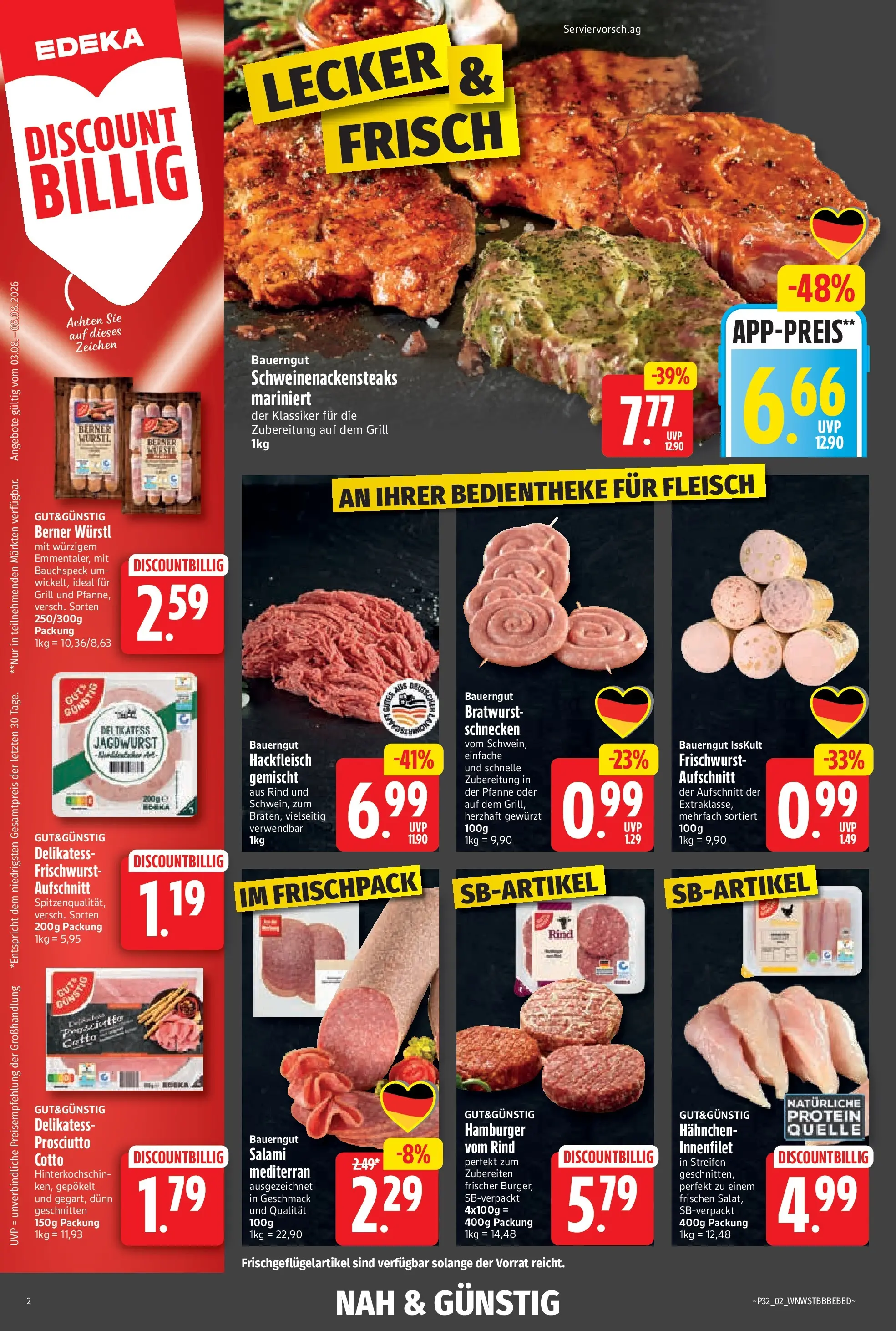Angebote - Jubiläumshandzettel Schomacker (ab 02.08.2026) zum Blättern | Seite: 4 | Produkte: Bratwurst, Bauerngut, Salami, Hackfleisch