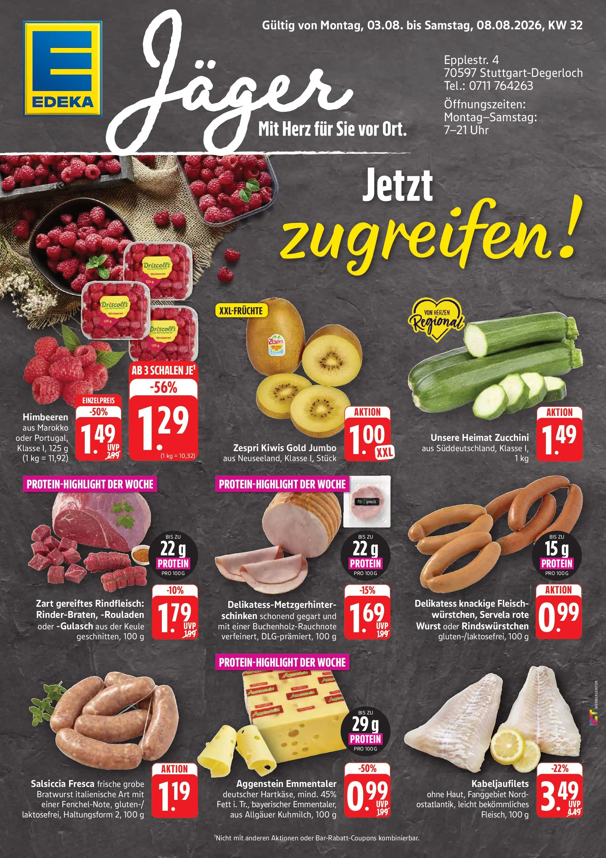 Edeka Prospekt Stuttgart-Degerloch (ab 03.08.2026) » Angebote Online | Seite: 1 | Produkte: Schinken, Rindfleisch, Fleisch, Uhr