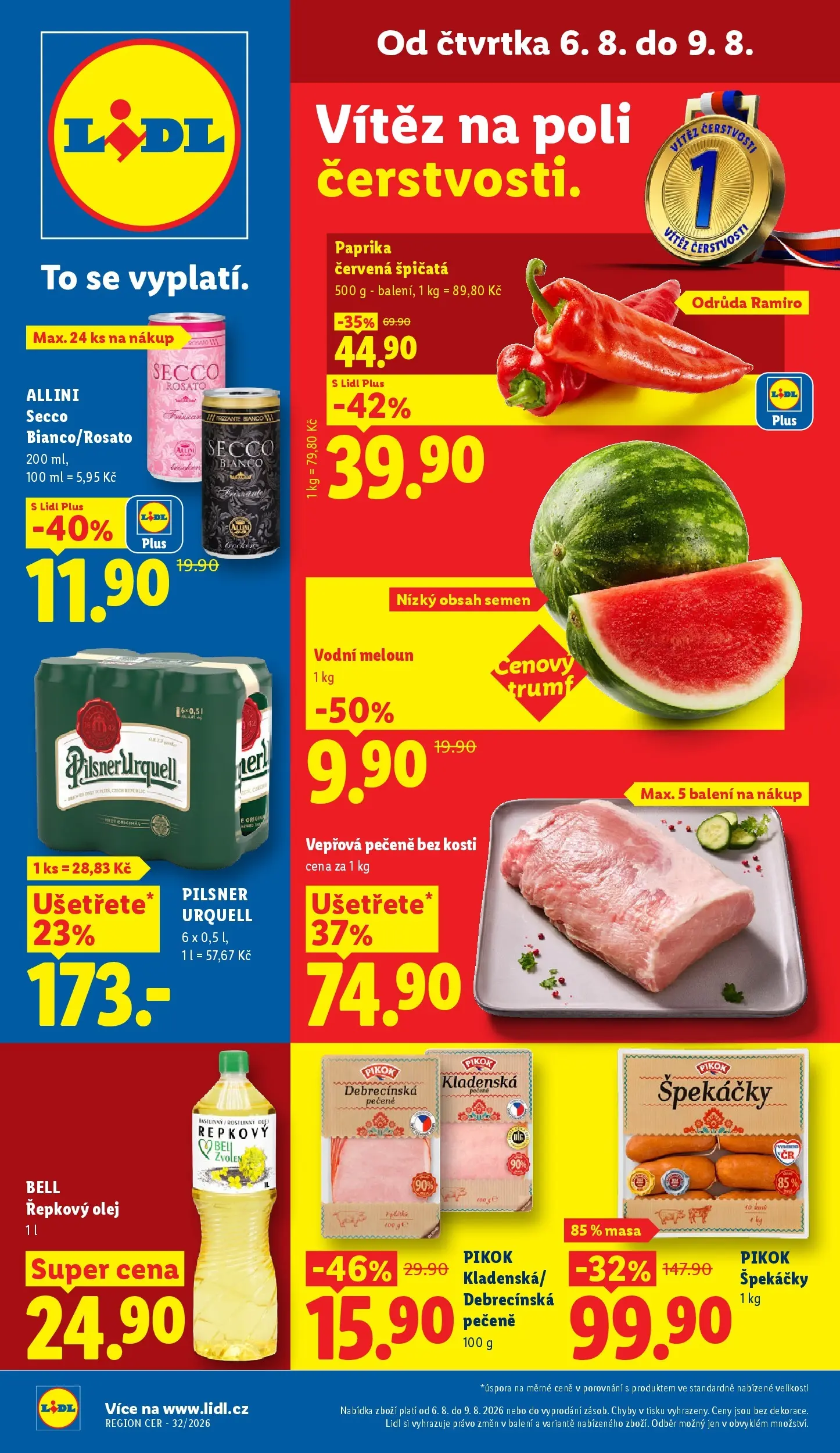 Lidl leták od 06.08.2026 - Nový akční leták | Strana: 1 | Produkty: Vepřová pečeně, Olej, Řepkový olej, Paprika červená