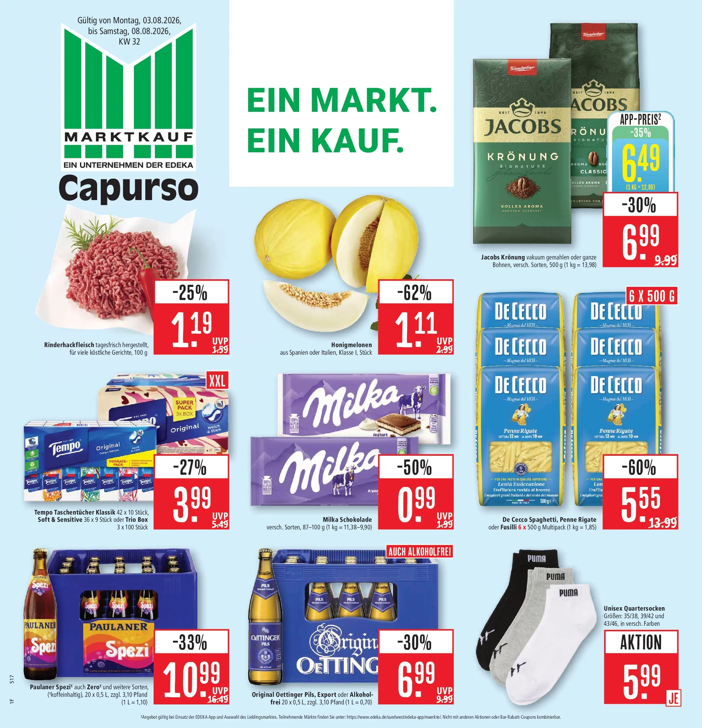 Marktkauf Prospekt Schorndorf (ab 03.08.2026) » Angebote online | Seite: 1 | Produkte: Schokolade, Milka schokolade, Box, Tempo