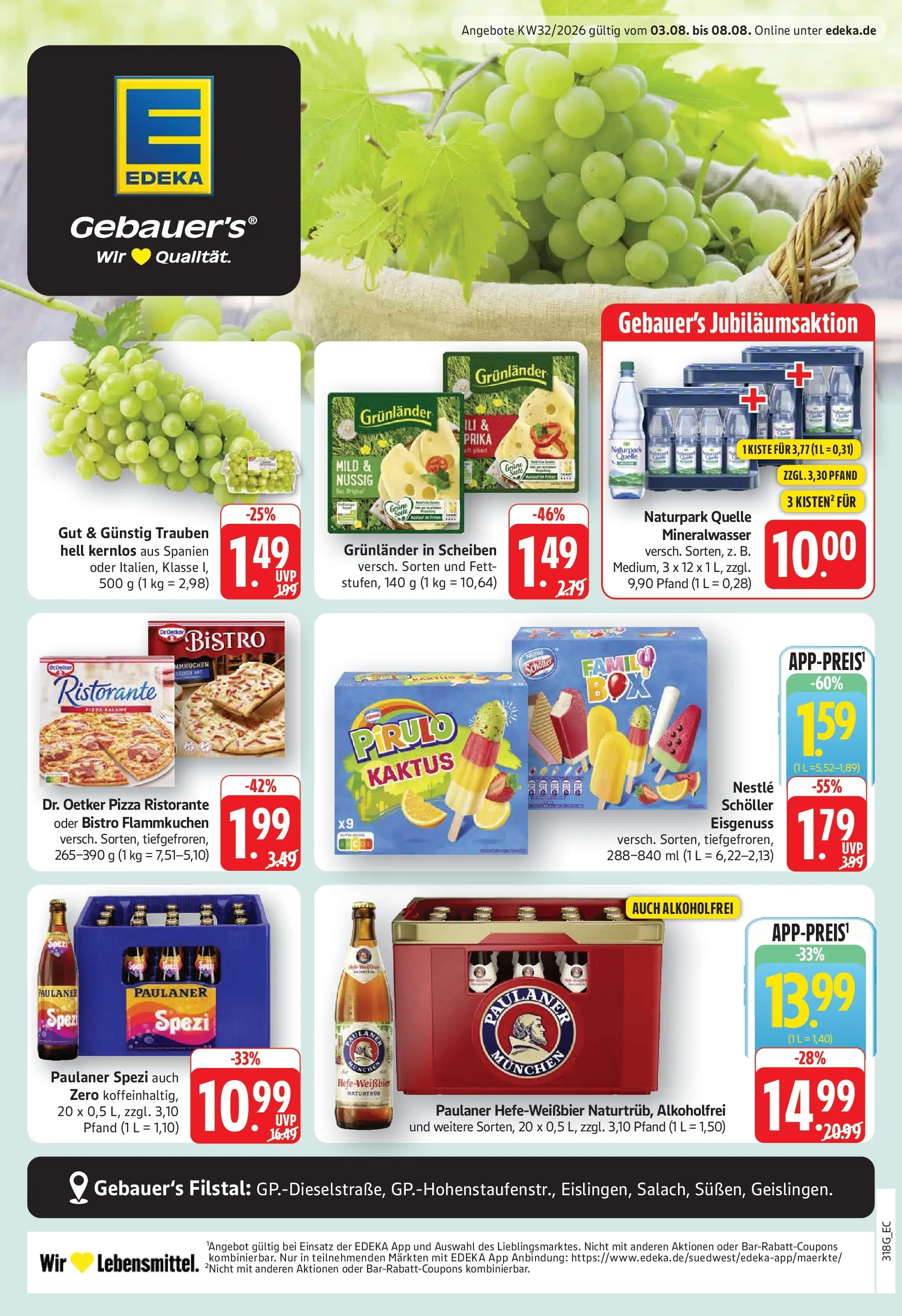 Edeka Prospekt Eislingen (ab 03.08.2026) » Angebote Online | Seite: 1 | Produkte: Ristorante, Paulaner spezi, Pizza, Paulaner