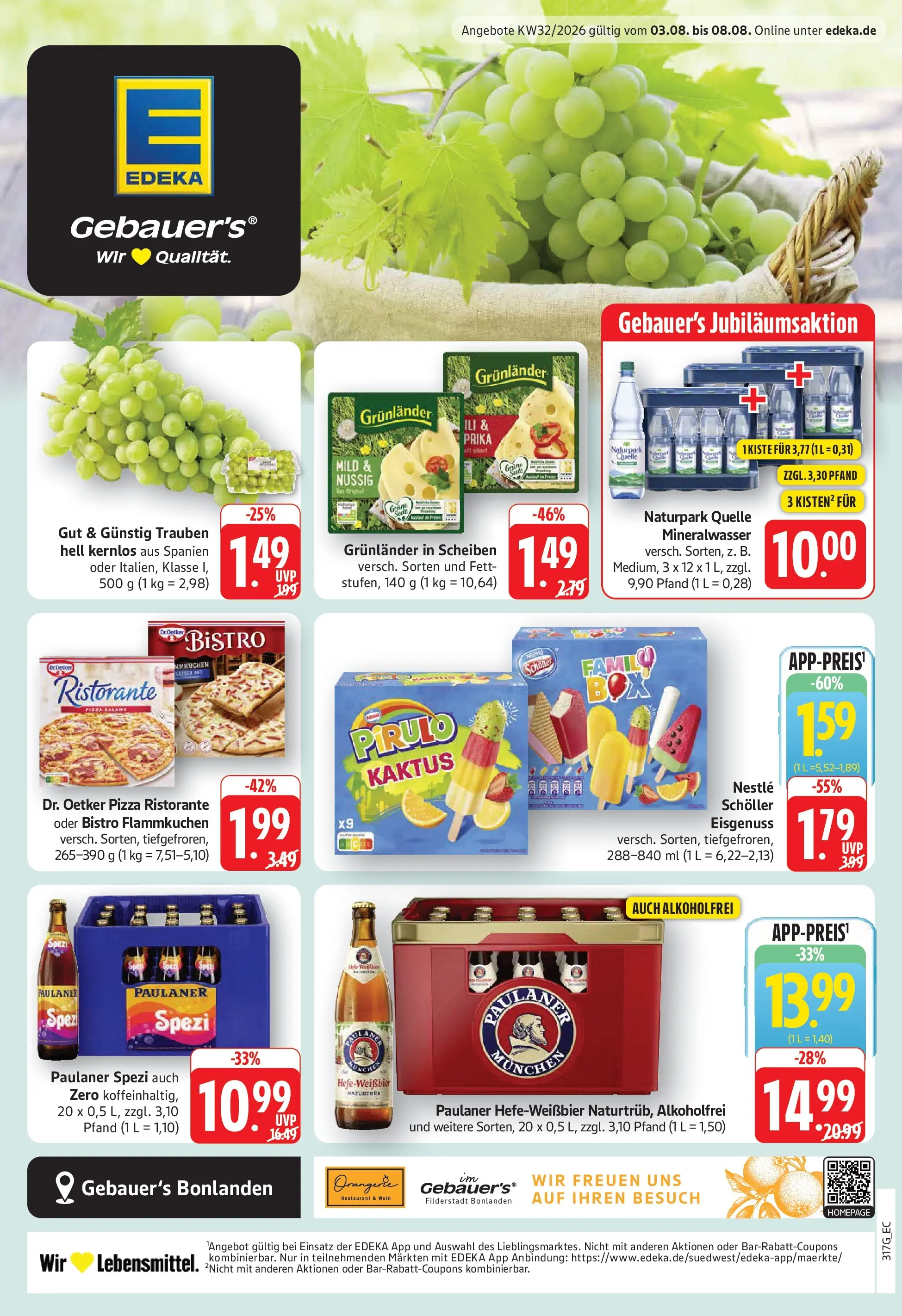 Edeka Prospekt Filderstadt-Bonlanden (ab 03.08.2026) » Angebote Online | Seite: 1 | Produkte: Ristorante, Trauben, Paulaner spezi, Grunlander