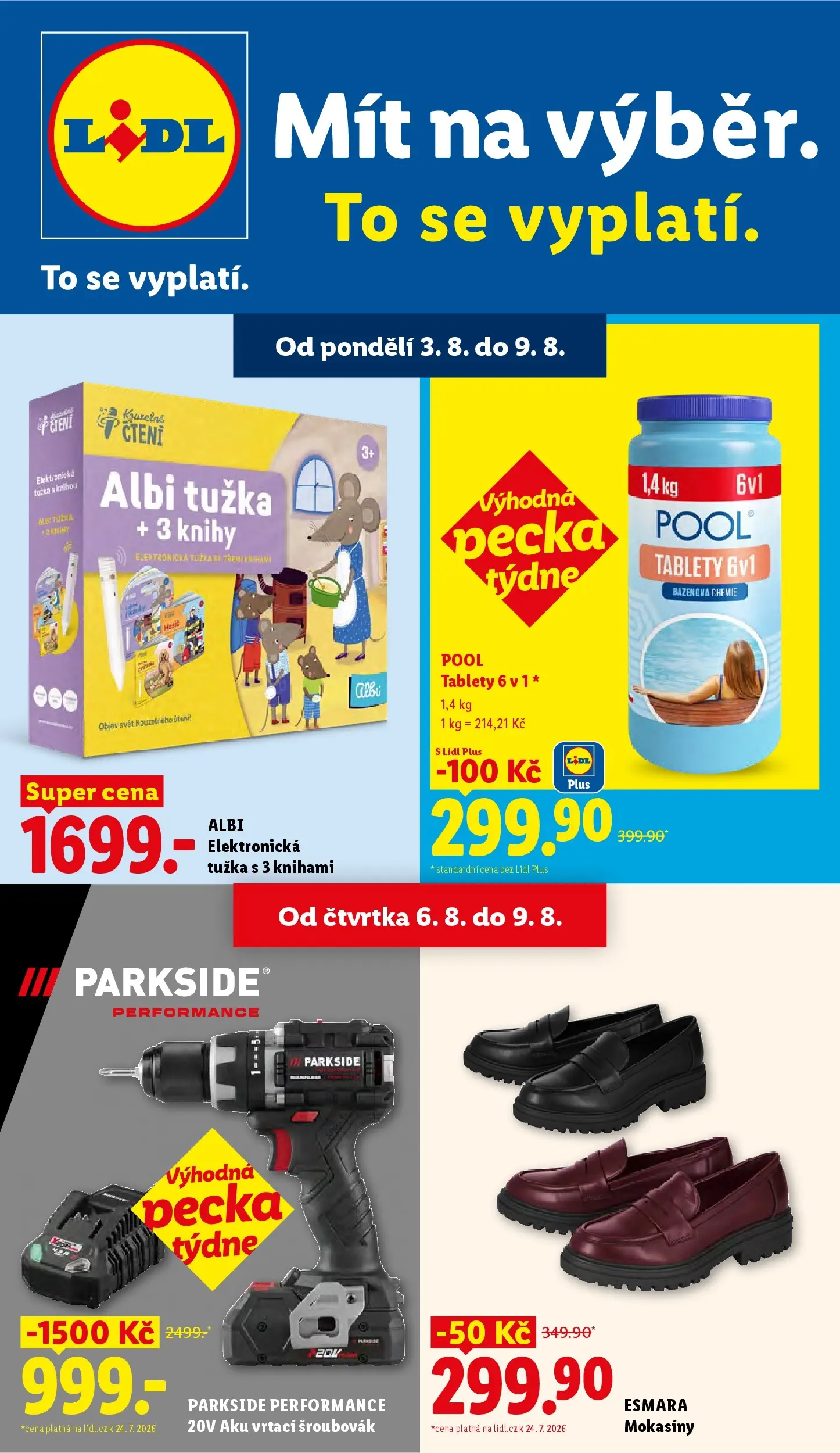Lidl leták od 03.08.2026 - Nový akční leták | Strana: 1 | Produkty: Bazénová chemie, Parkside, Mokasíny, Šroubovák