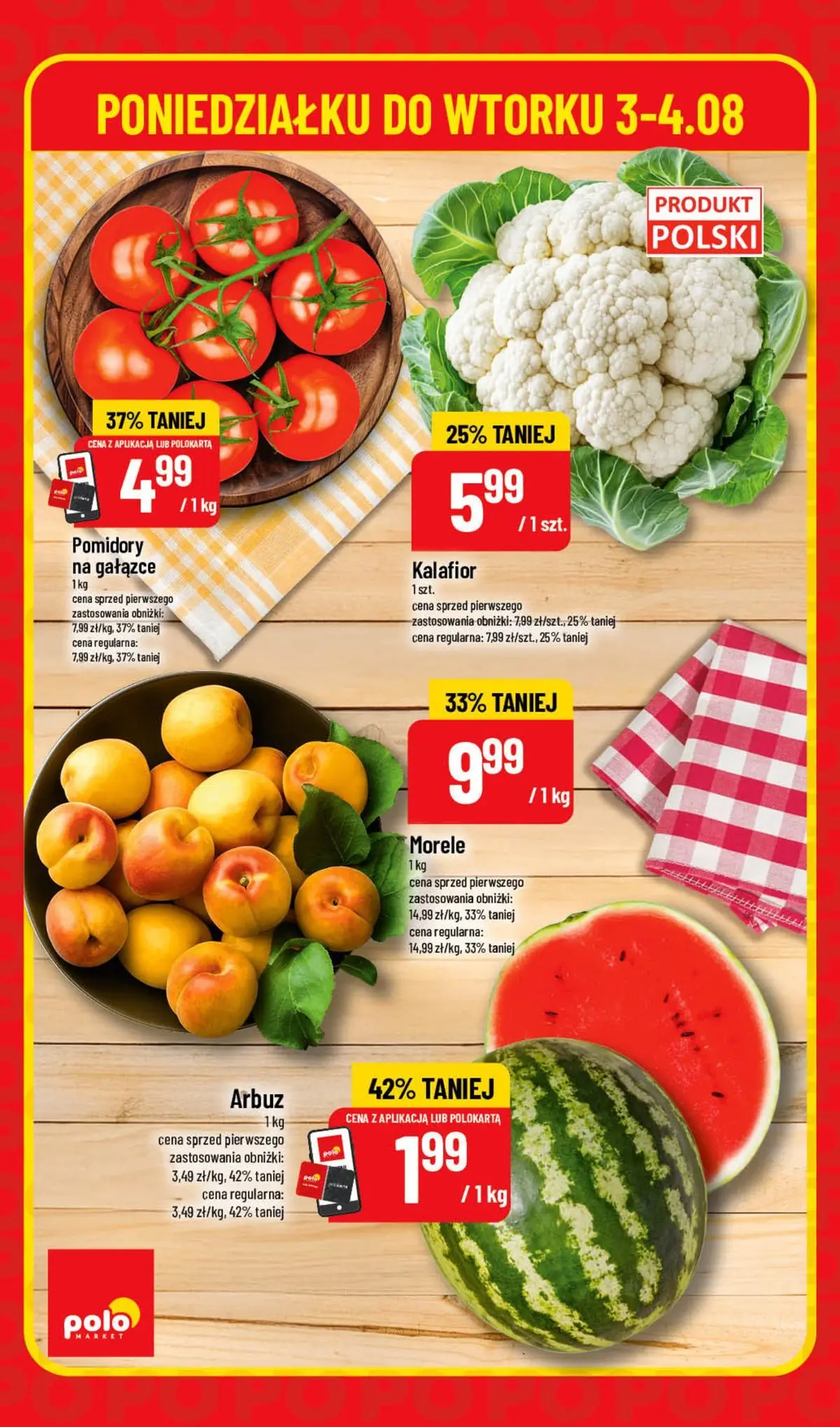 Nowa POLOmarket gazetka od jutra 03.08.2026 | Strona: 2 | Produkty: Arbuz, Kalafior, Morele, Pomidory
