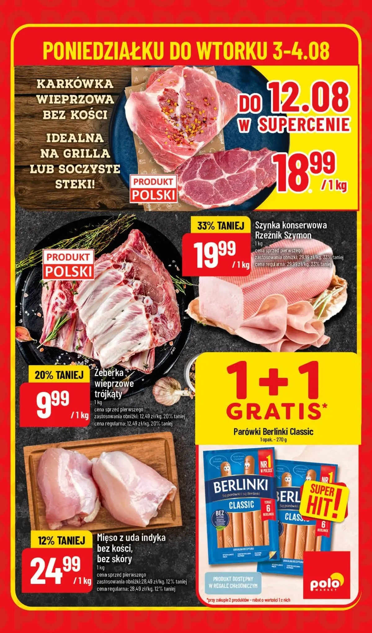Nowa POLOmarket gazetka od jutra 03.08.2026 | Strona: 3 | Produkty: Karkówka, Parówki berlinki, Karkówka wieprzowa, Szynka