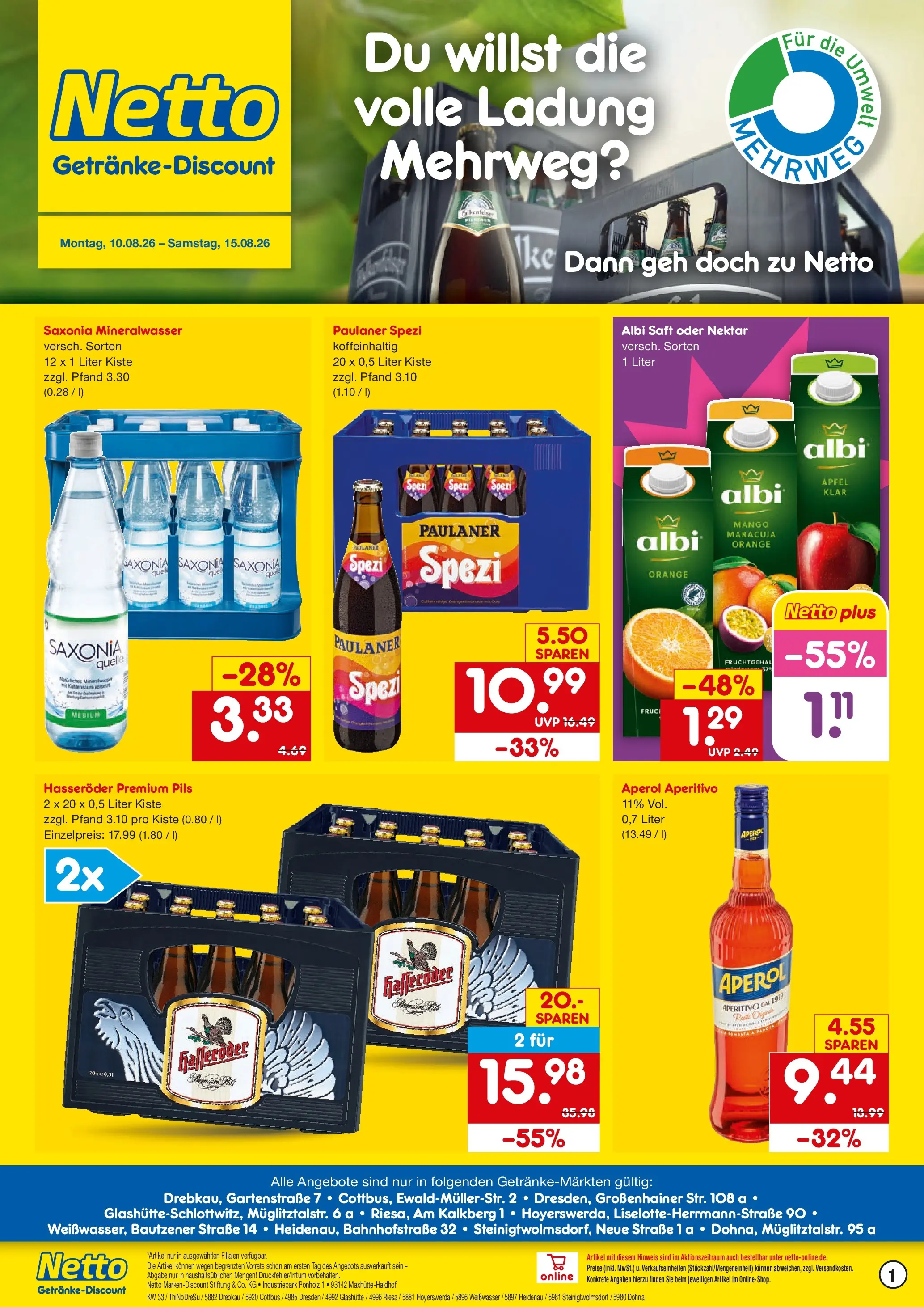 Netto Marken-Discount Prospekt Riesa (ab 10.08.2026) » Angebote | Seite: 1 | Produkte: Paulaner spezi, Pils, Mineralwasser, Aperol