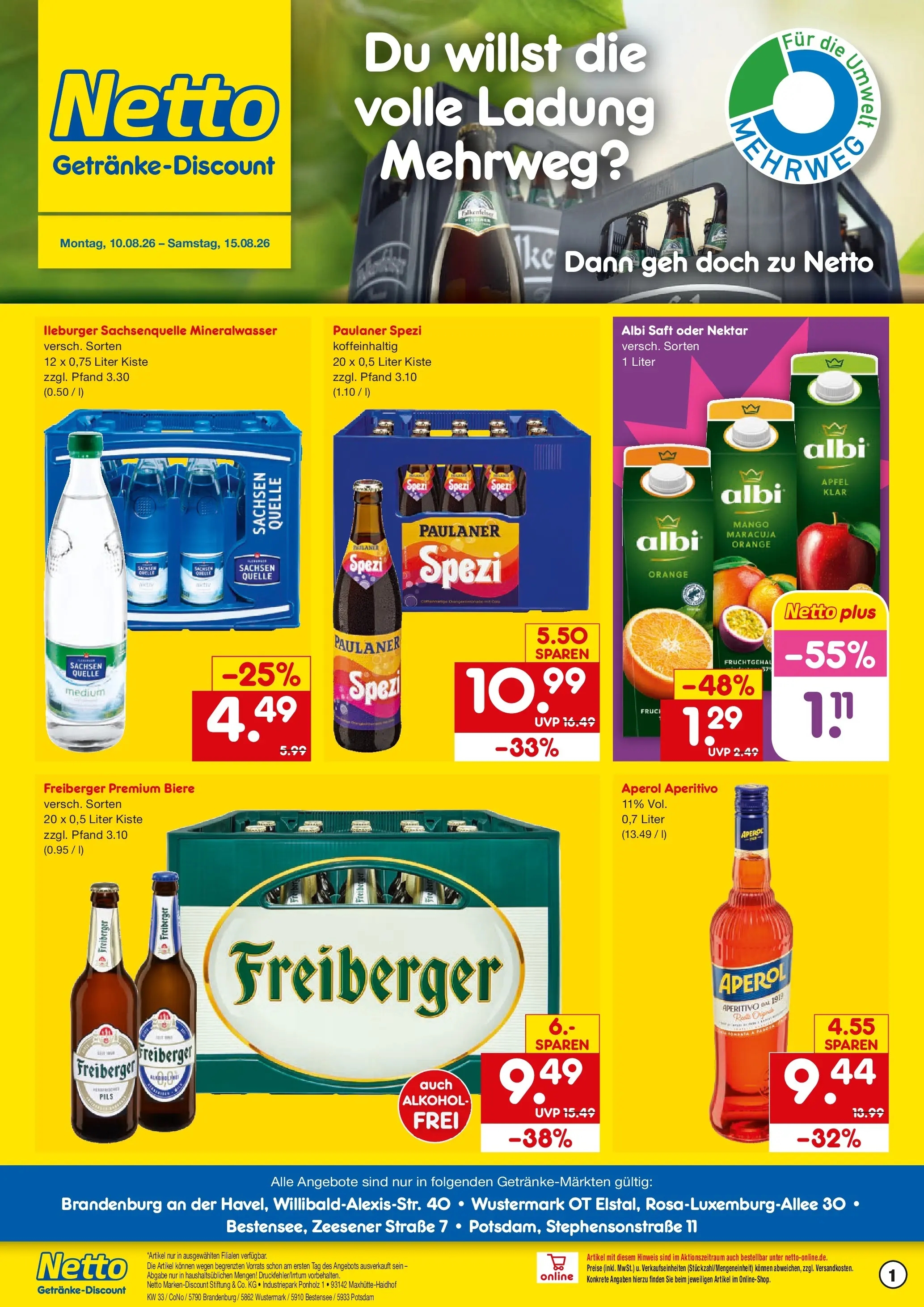 Netto Marken-Discount Prospekt Potsdam (ab 10.08.2026) » Angebote | Seite: 1 | Produkte: Paulaner spezi, Äpfel, Mineralwasser, Paulaner