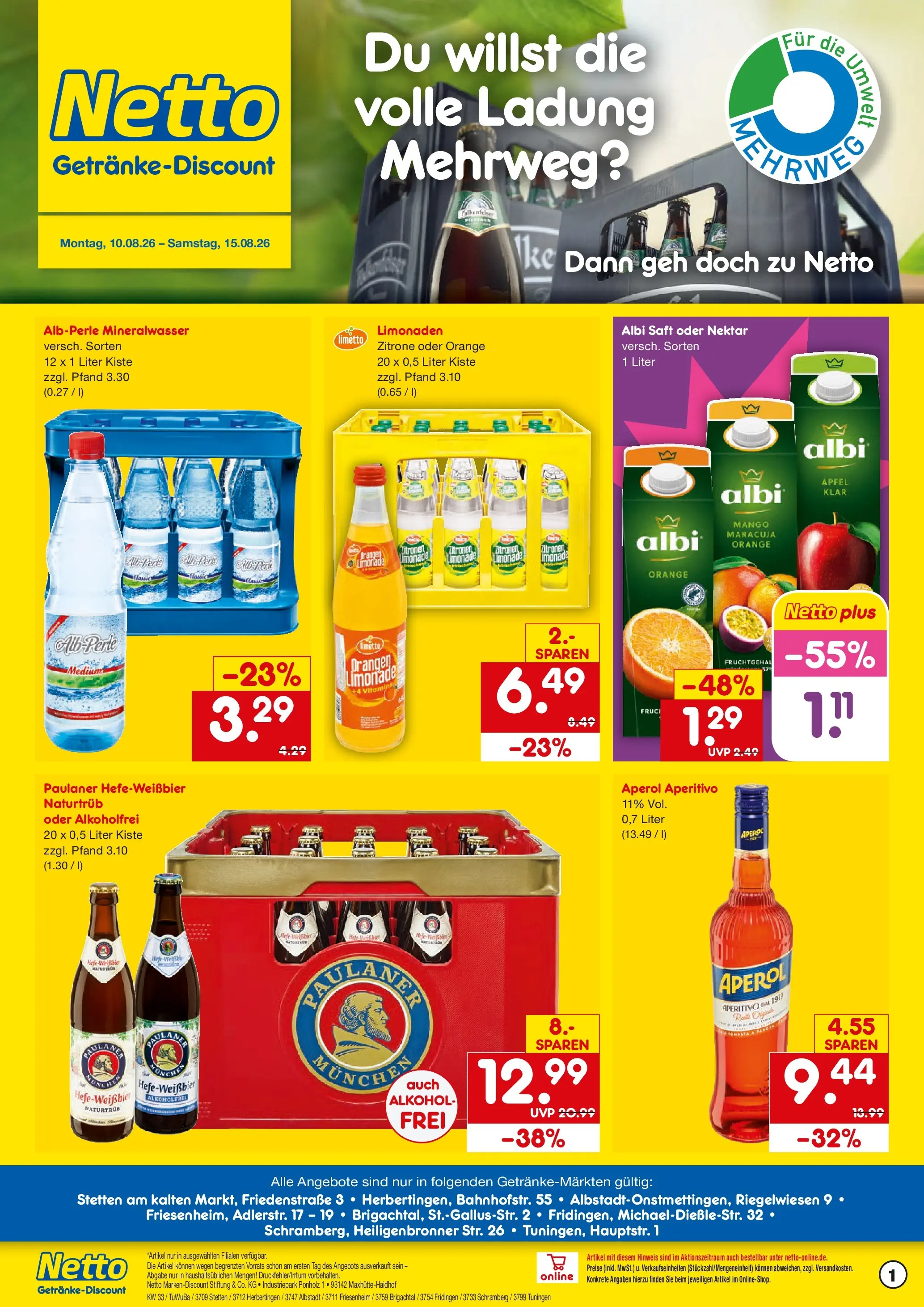 Netto Marken-Discount Prospekt Schramberg (ab 10.08.2026) » Angebote | Seite: 1 | Produkte: Orangen, Mineralwasser, Saft, Paulaner