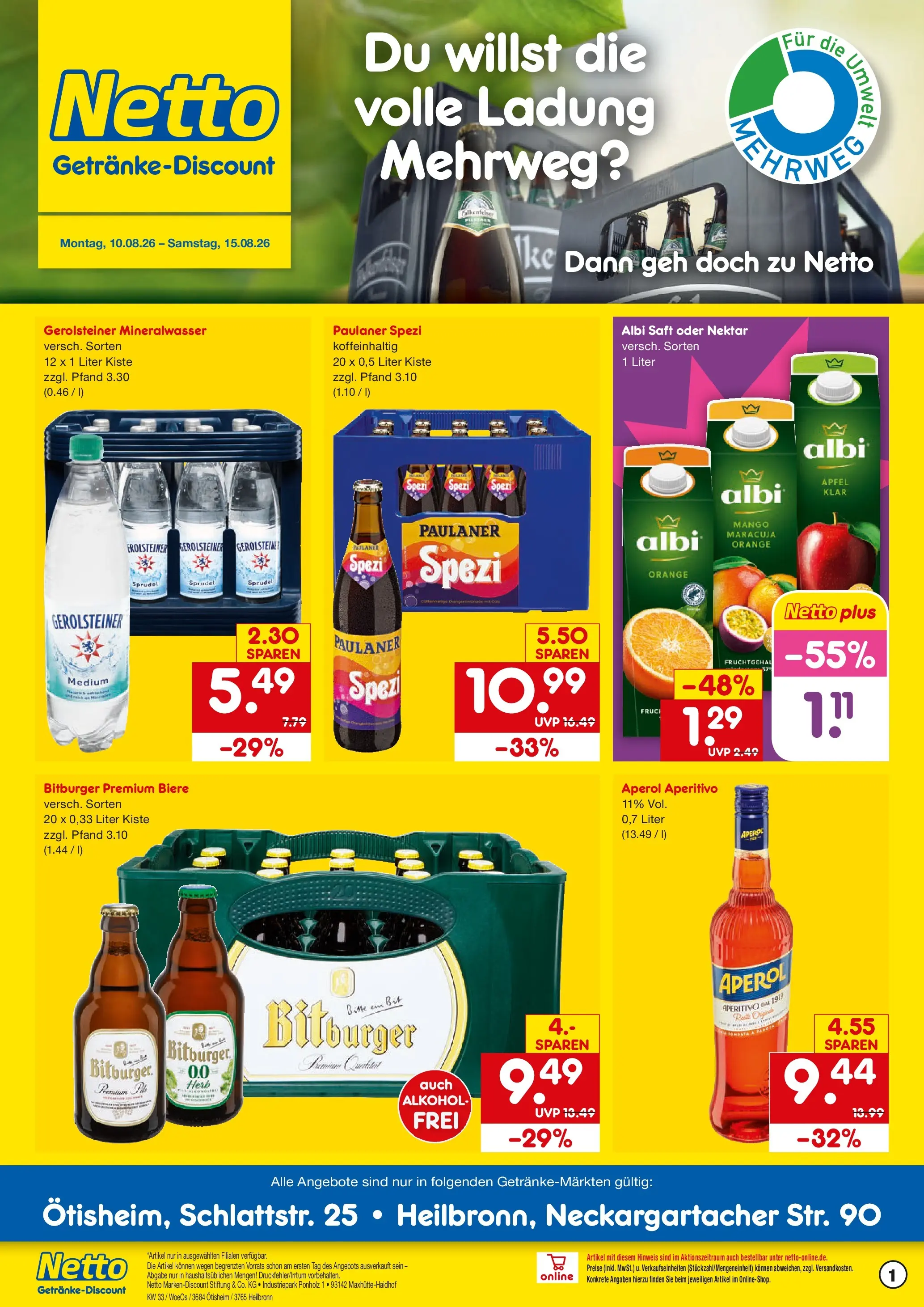 Netto Marken-Discount Prospekt Heilbronn (ab 10.08.2026) » Angebote | Seite: 1 | Produkte: Bitburger, Mango, Paulaner, Gerolsteiner
