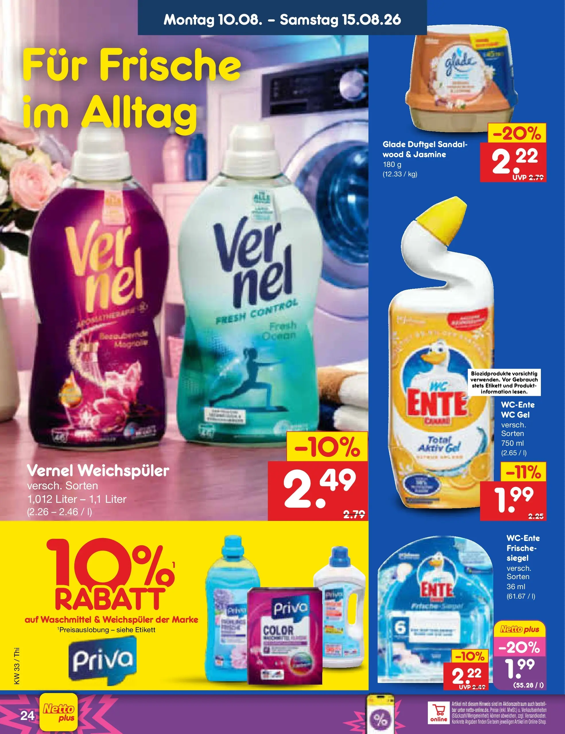 Netto Marken-Discount Prospekt Thiendorf (ab 10.08.2026) » Angebote | Seite: 34 | Produkte: Weichspüler, Waschmittel, Ente, Vernel