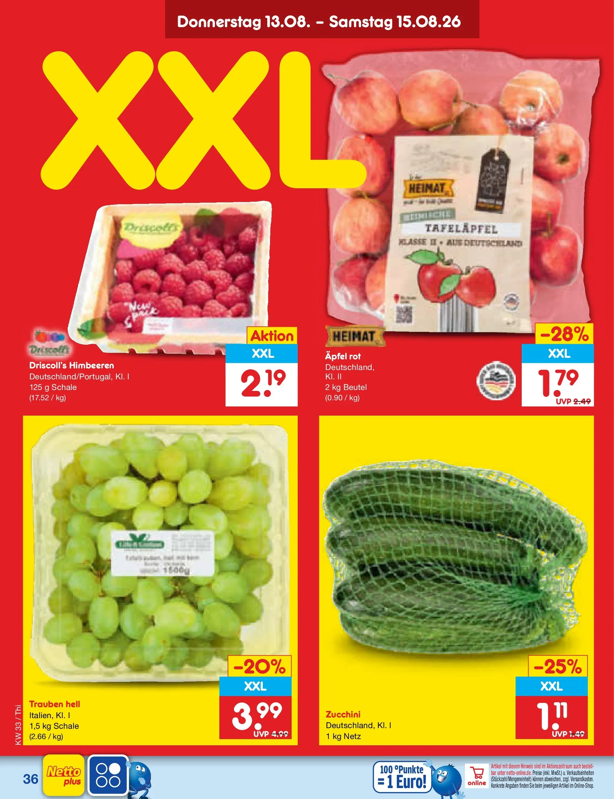 Netto Marken-Discount Prospekt Thiendorf (ab 10.08.2026) » Angebote | Seite: 50 | Produkte: Himbeeren, Trauben, Äpfel, Zucchini