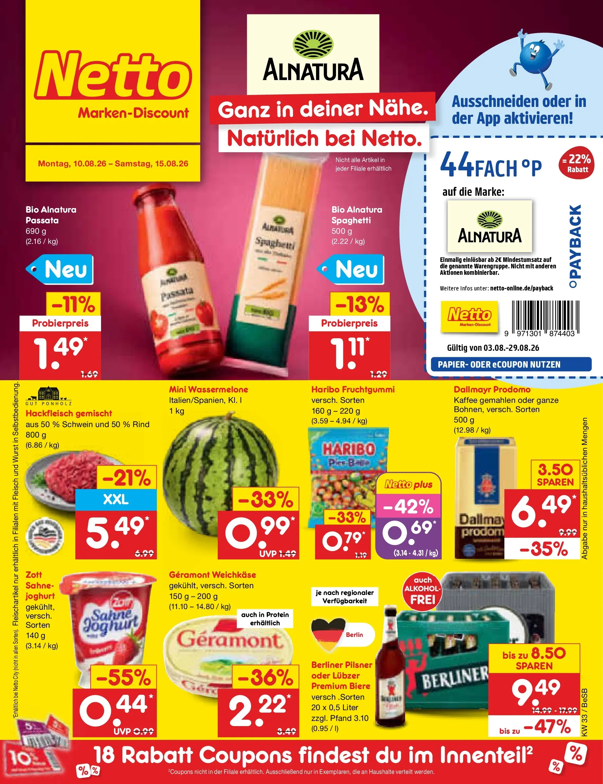 Netto Marken-Discount Prospekt Kremmen (ab 10.08.2026) » Angebote | Seite: 1 | Produkte: Geramont, Wassermelone, Hackfleisch, Berliner pilsner
