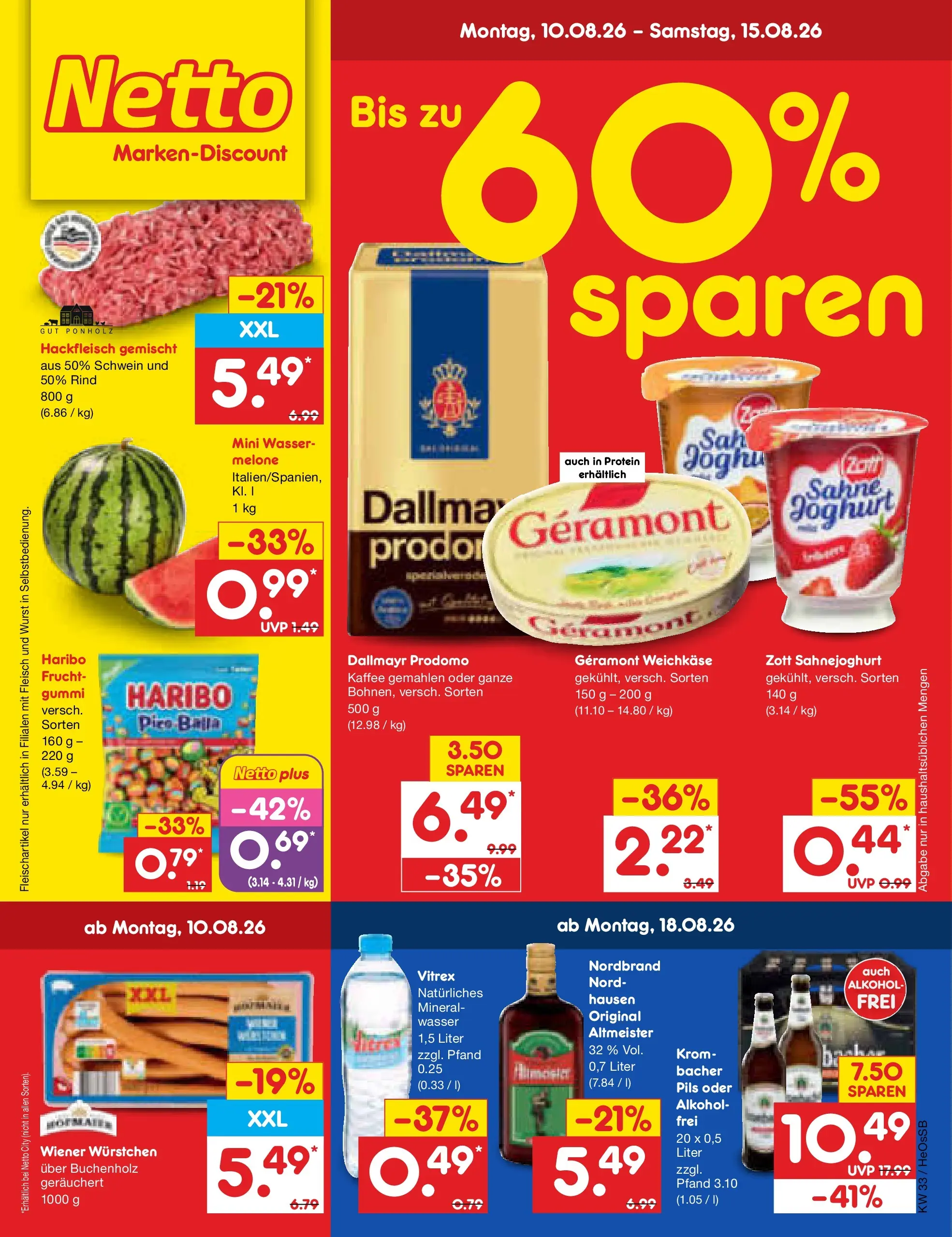 Netto Marken-Discount Prospekt Kröpelin (ab 10.08.2026) » Angebote | Seite: 1 | Produkte: Geramont, Wiener wurstchen, Haribo, Sahne