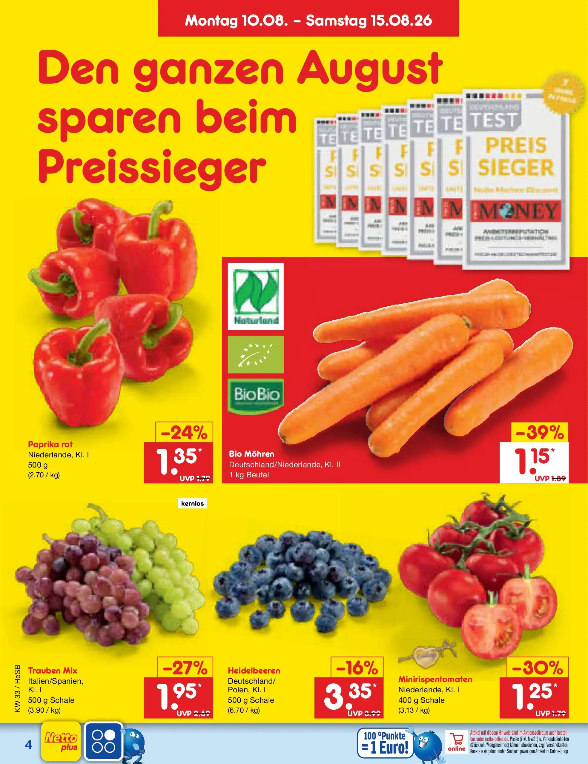 Netto Marken-Discount Prospekt Hamburg (ab 10.08.2026) ยป Angebote | Seite: 4 | Produkte: Trauben, Paprika rot, Mohren, Paprika Netto Marken-Discount Prospekt Hamburg (ab 10.08.2026) ยป Angebote | Seite: 4 | Produkte: Trauben, Paprika rot, Mohren, Paprika