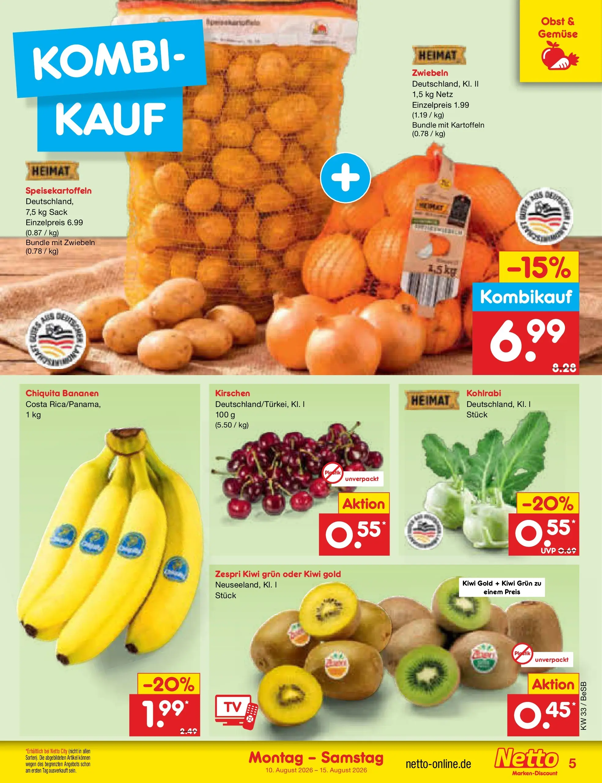 Netto Marken-Discount Prospekt Kremmen (ab 10.08.2026) » Angebote | Seite: 5 | Produkte: Kohlrabi, Kartoffeln, Zwiebeln, Obst