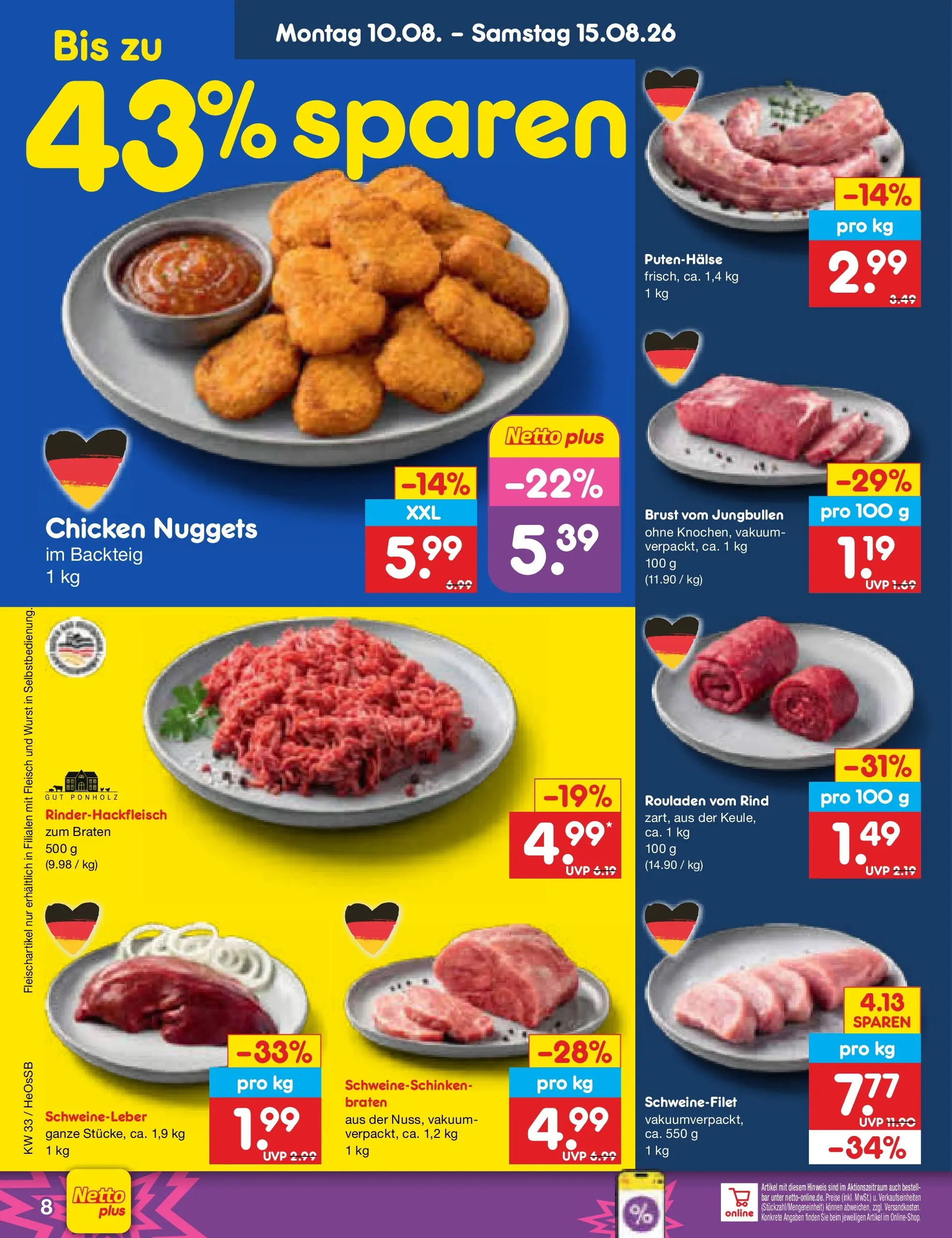 Netto Marken-Discount Prospekt Kröpelin (ab 10.08.2026) » Angebote | Seite: 8 | Produkte: Schweinefilet, Wurst, Fleisch