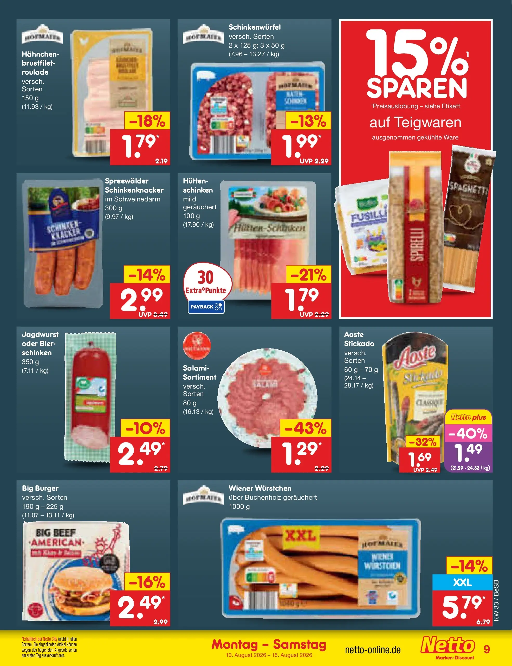 Netto Marken-Discount Prospekt Kremmen (ab 10.08.2026) » Angebote | Seite: 9 | Produkte: Hahnchen, Bier, Burger, Salami