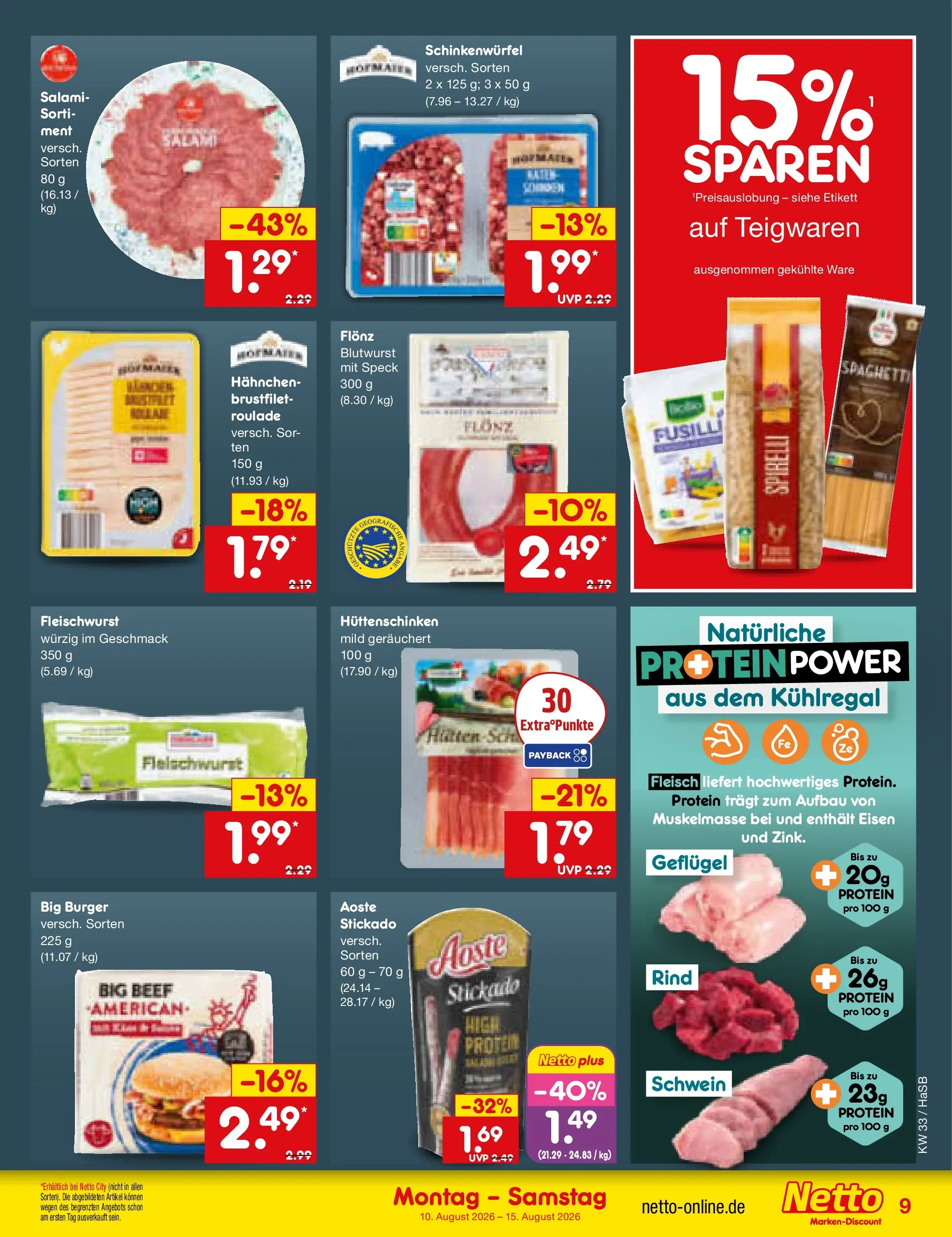 Netto Marken-Discount Prospekt Wuppertal (ab 10.08.2026) » Angebote | Seite: 9 | Produkte: Hahnchen, Burger, Salami, Fleisch