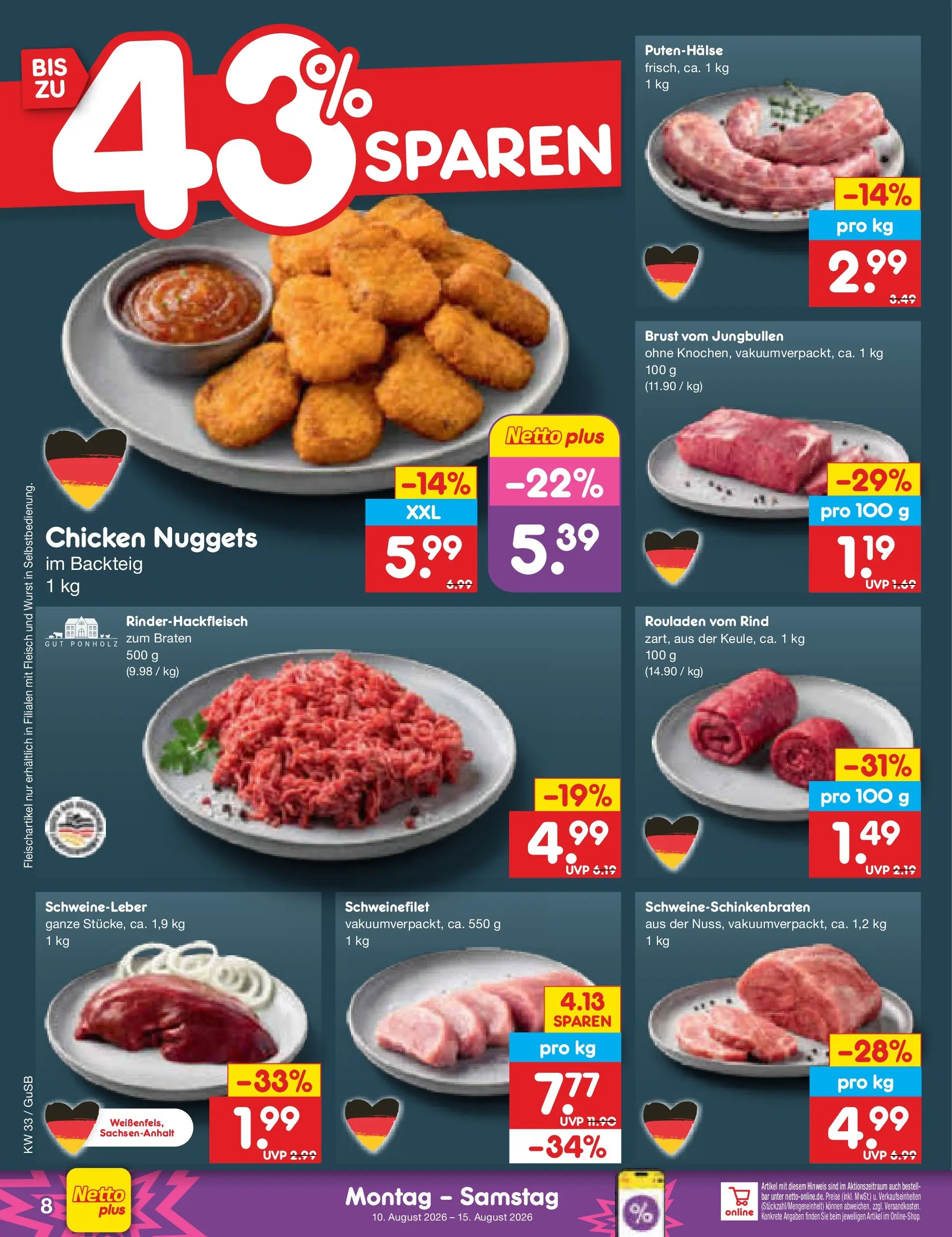 Netto Marken-Discount Prospekt Machern (ab 10.08.2026) ยป Angebote | Seite: 8 | Produkte: Schweinefilet, Wurst, Fleisch Netto Marken-Discount Prospekt Machern (ab 10.08.2026) ยป Angebote | Seite: 8 | Produkte: Schweinefilet, Wurst, Fleisch