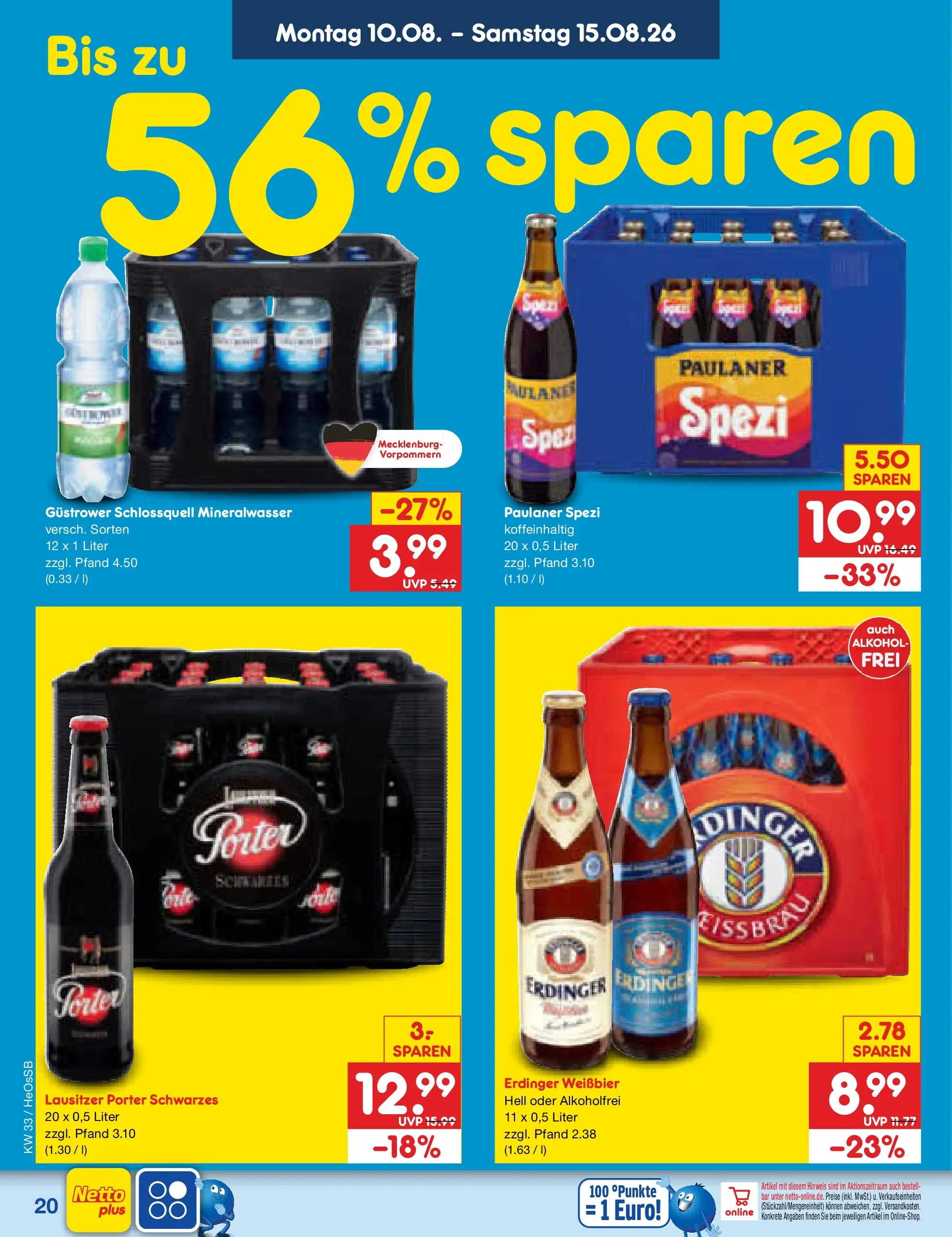Netto Marken-Discount Prospekt Kröpelin (ab 10.08.2026) » Angebote | Seite: 28 | Produkte: Weißbier, Paulaner spezi, Mineralwasser, Paulaner