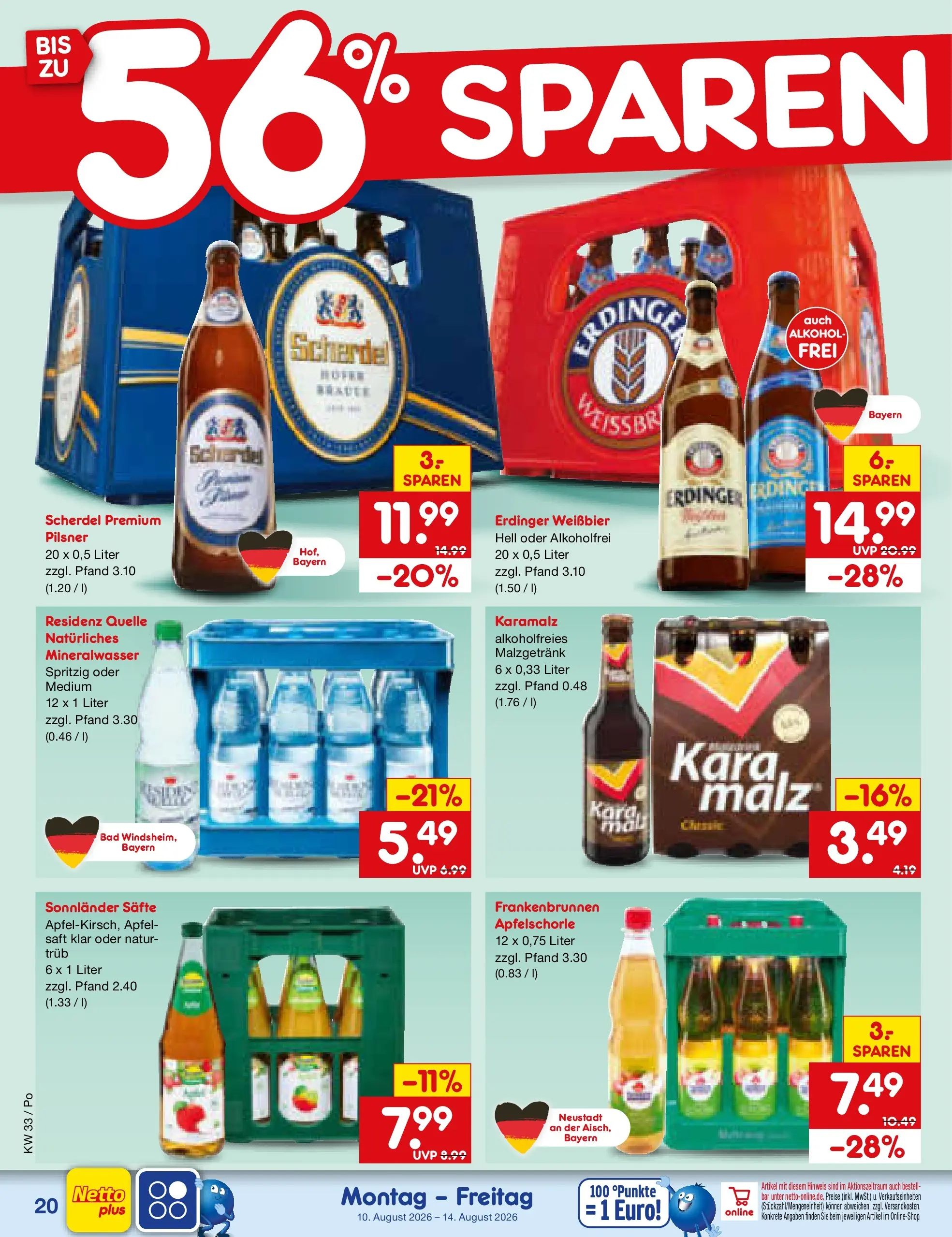 Netto Marken-Discount Prospekt Regensburg (ab 10.08.2026) » Angebote | Seite: 28 | Produkte: Erdinger, Bad, Mineralwasser, Saft