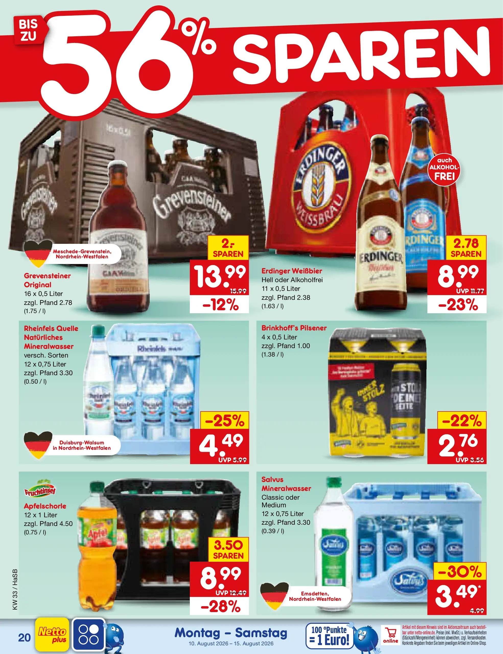 Netto Marken-Discount Prospekt Wuppertal (ab 10.08.2026) » Angebote | Seite: 28 | Produkte: Erdinger, Weißbier, Mineralwasser, Rheinfels quelle
