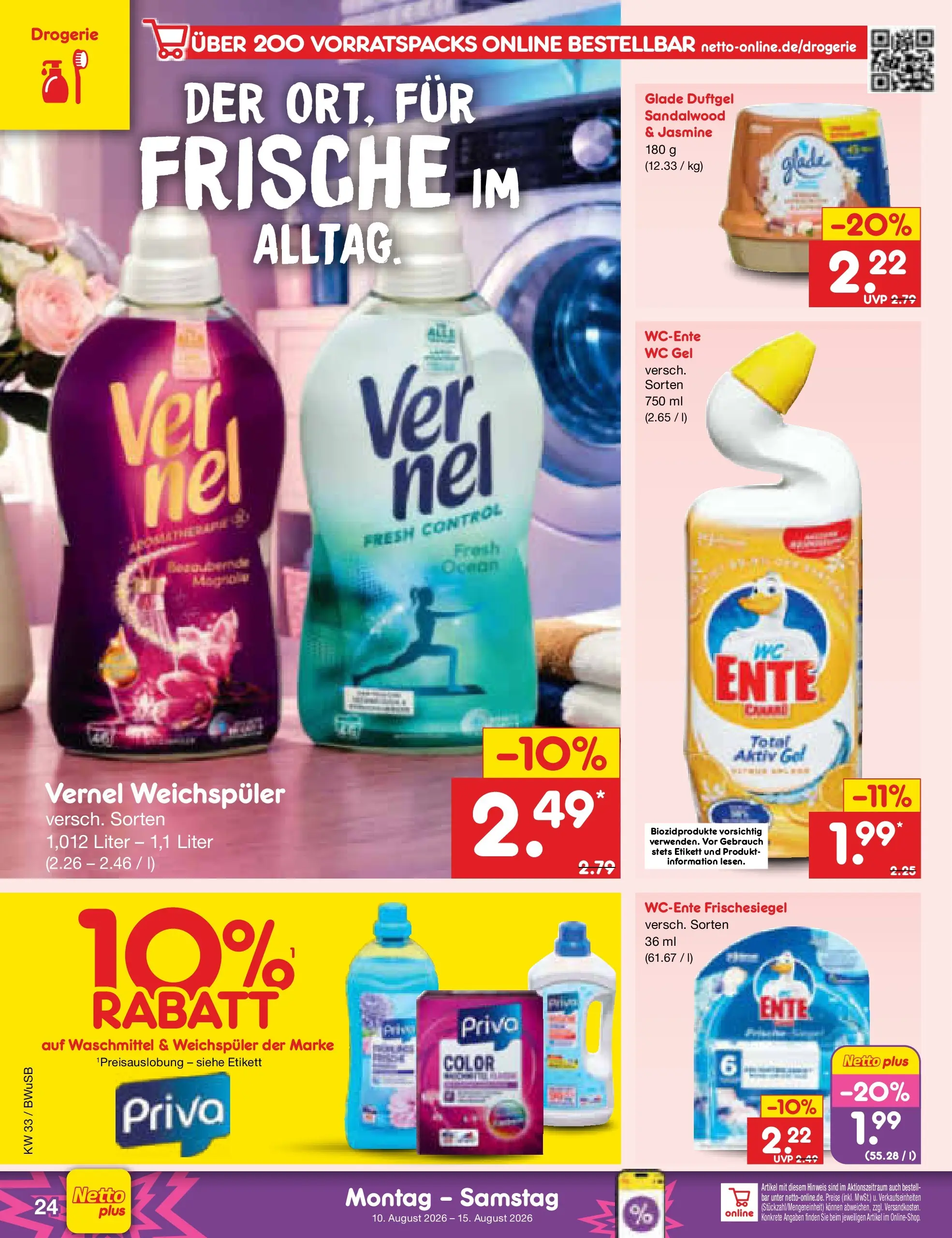 Netto Marken-Discount Prospekt Stemwede-Dielingen (ab 10.08.2026) ยป Angebote | Seite: 34 | Produkte: Weichspรผler, Waschmittel, Ente, Vernel Netto Marken-Discount Prospekt Stemwede-Dielingen (ab 10.08.2026) ยป Angebote | Seite: 34 | Produkte: Weichspรผler, Waschmittel, Ente, Vernel