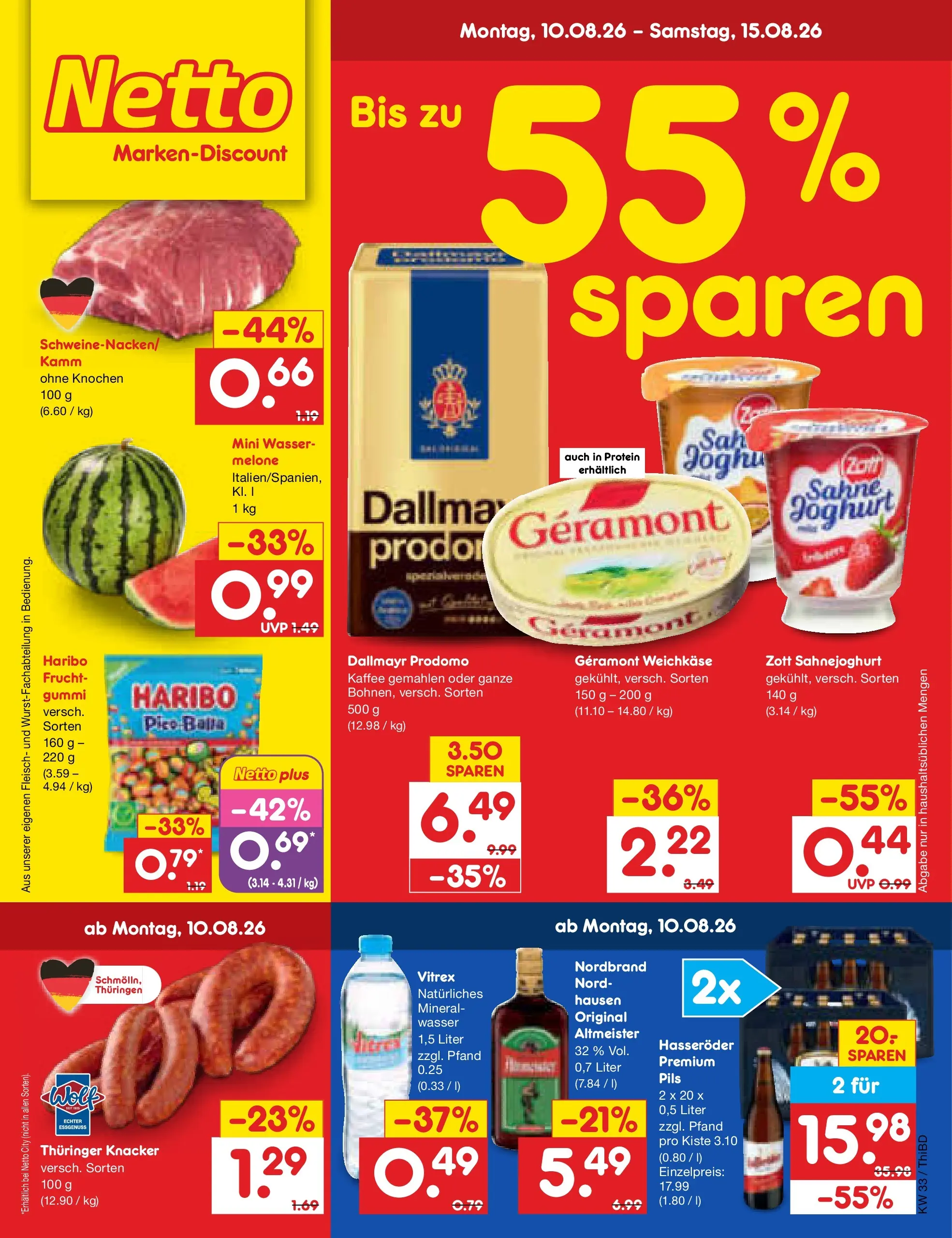 Netto Marken-Discount Prospekt Thiendorf (ab 10.08.2026) » Angebote | Seite: 1 | Produkte: Geramont, Joghurt, Hasseröder, Dallmayr prodomo