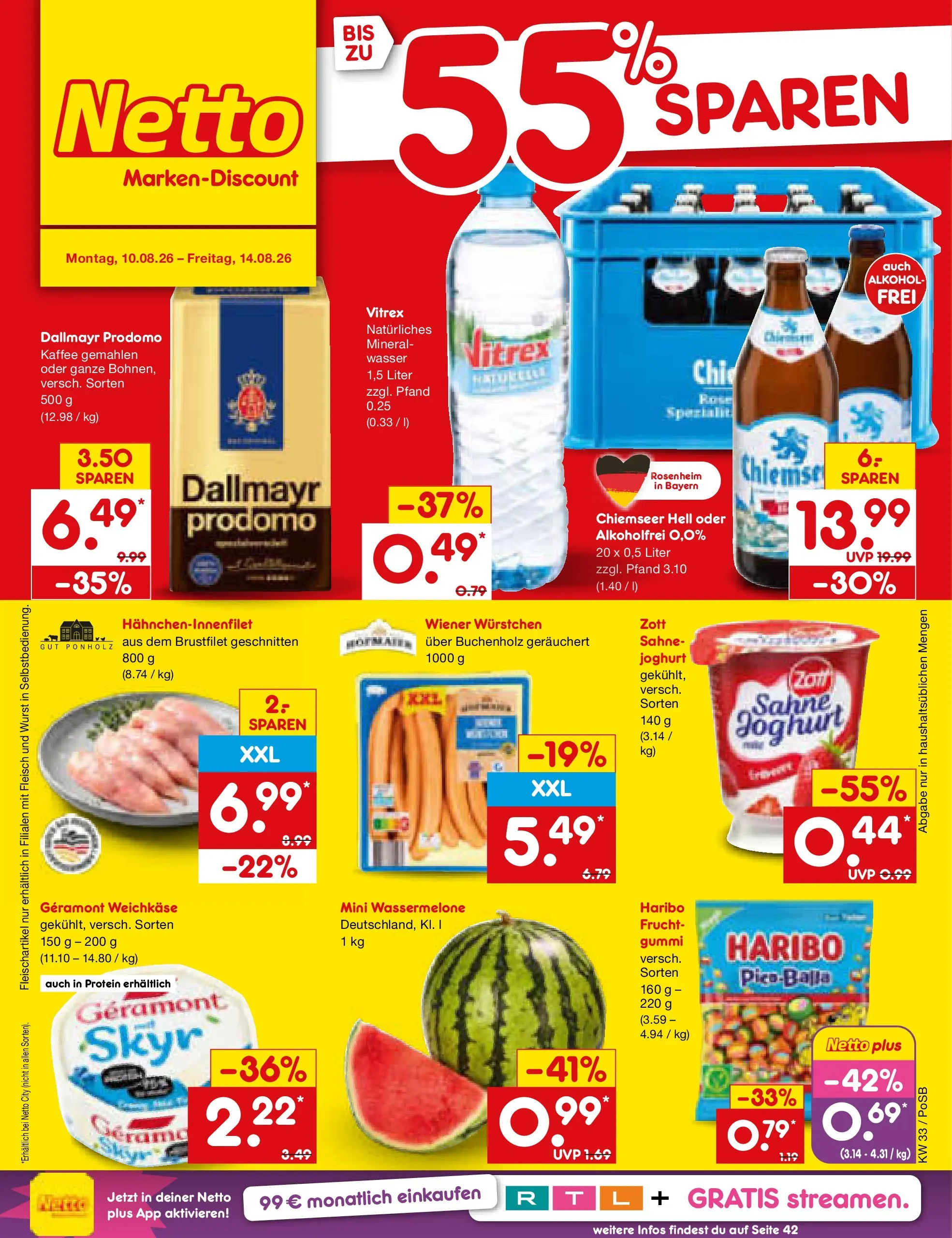 Netto Marken-Discount Prospekt Regensburg (ab 10.08.2026) » Angebote | Seite: 1 | Produkte: Kaffee, Dallmayr prodomo, Sahne, Fleisch