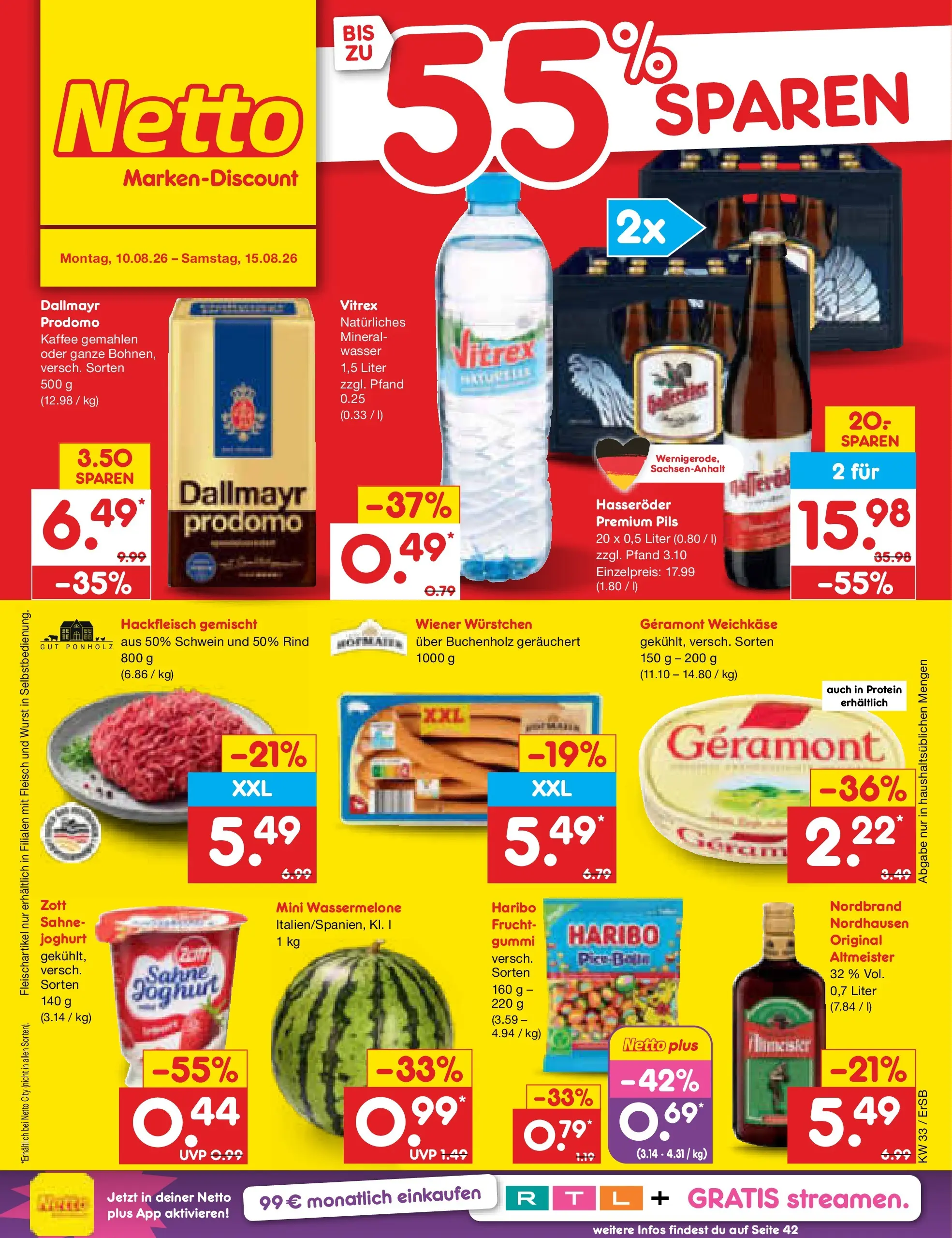 Netto Marken-Discount Prospekt Nordhausen (ab 10.08.2026) ยป Angebote | Seite: 1 | Produkte: Wasser, Wurst, Fleisch, Hackfleisch Netto Marken-Discount Prospekt Nordhausen (ab 10.08.2026) ยป Angebote | Seite: 1 | Produkte: Wasser, Wurst, Fleisch, Hackfleisch