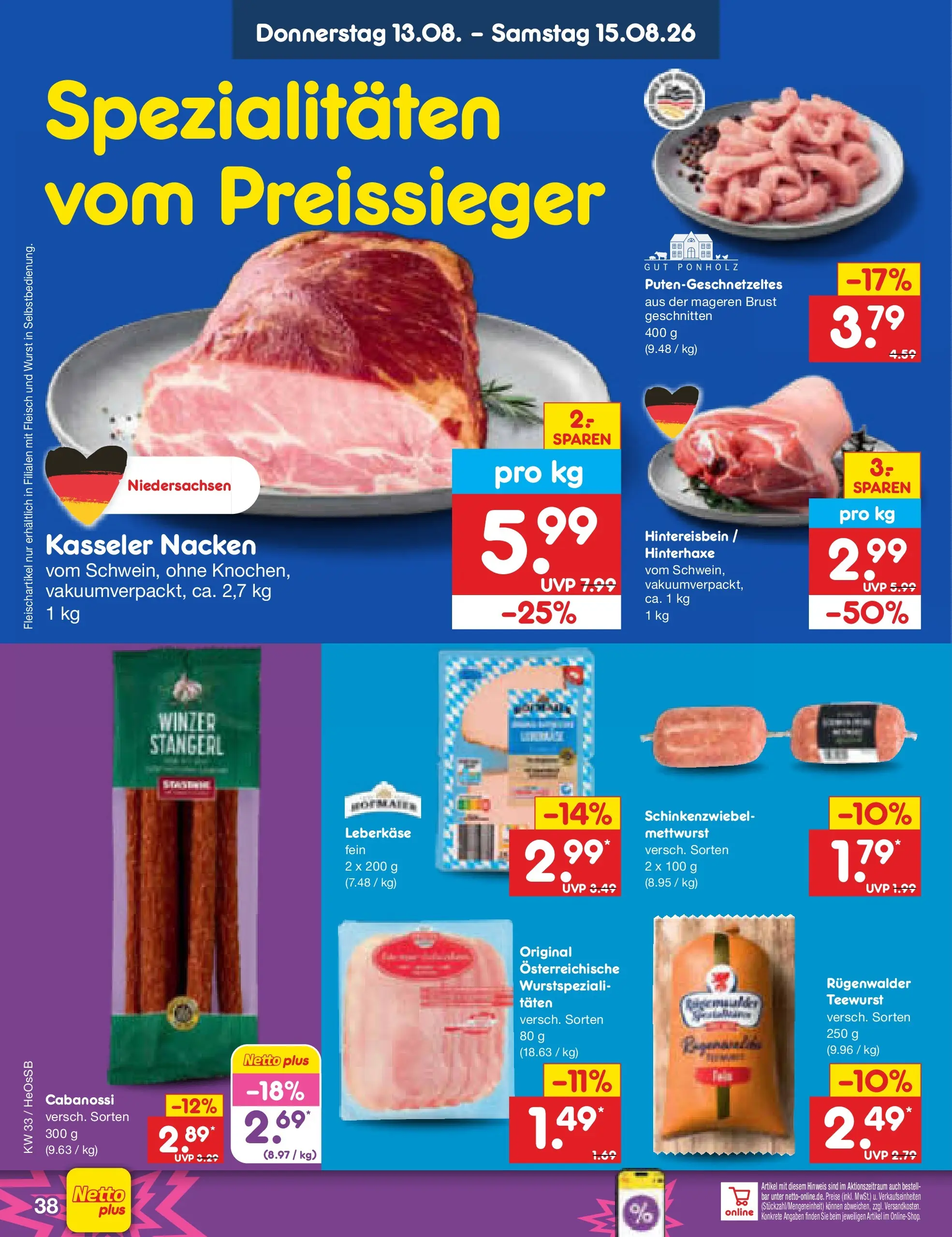 Netto Marken-Discount Prospekt Kröpelin (ab 10.08.2026) » Angebote | Seite: 52 | Produkte: Kasseler nacken, Wurst, Fleisch, Leberkase