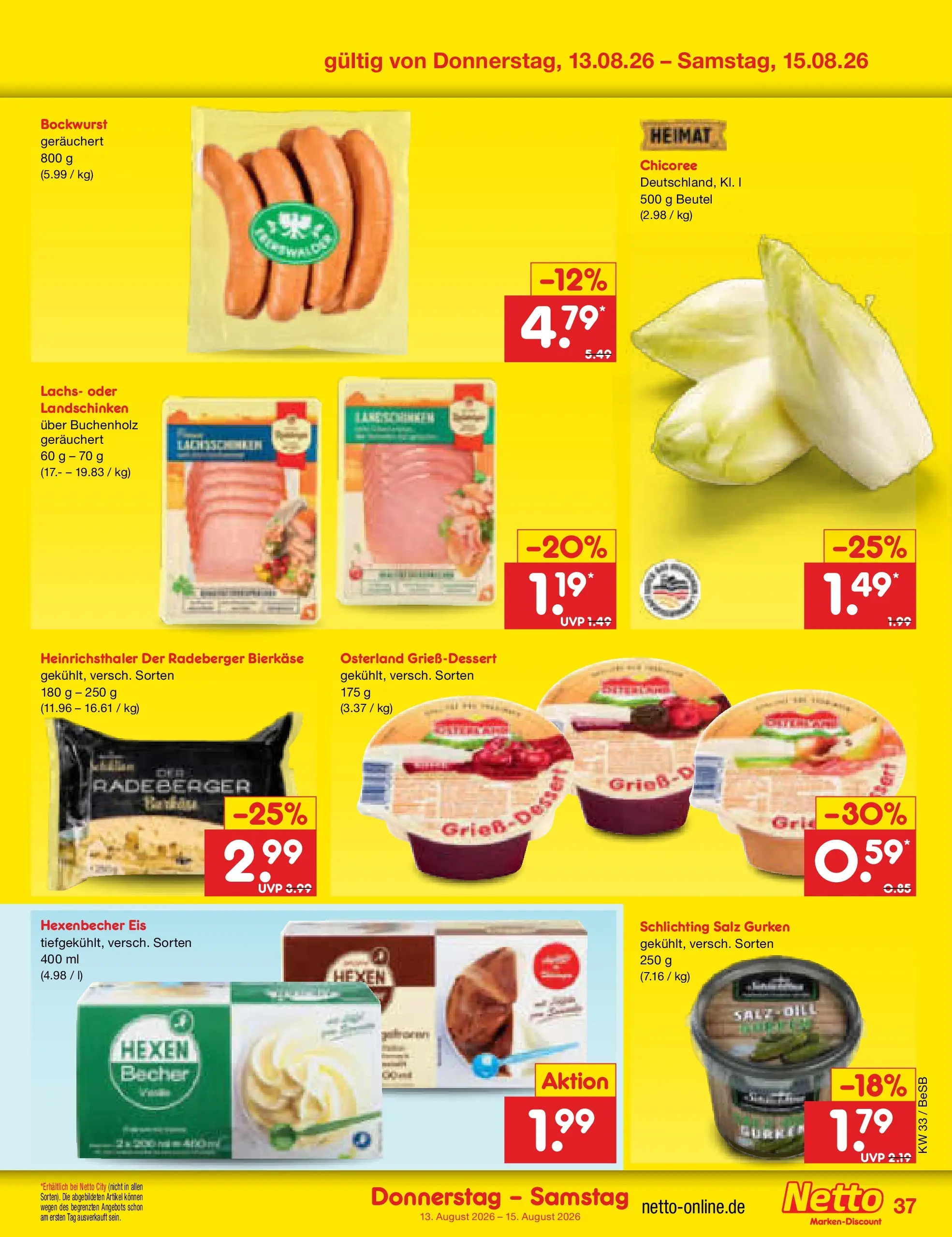 Netto Marken-Discount Prospekt Kremmen (ab 10.08.2026) » Angebote | Seite: 53 | Produkte: Bockwurst, Lachs, Gurken, Eis