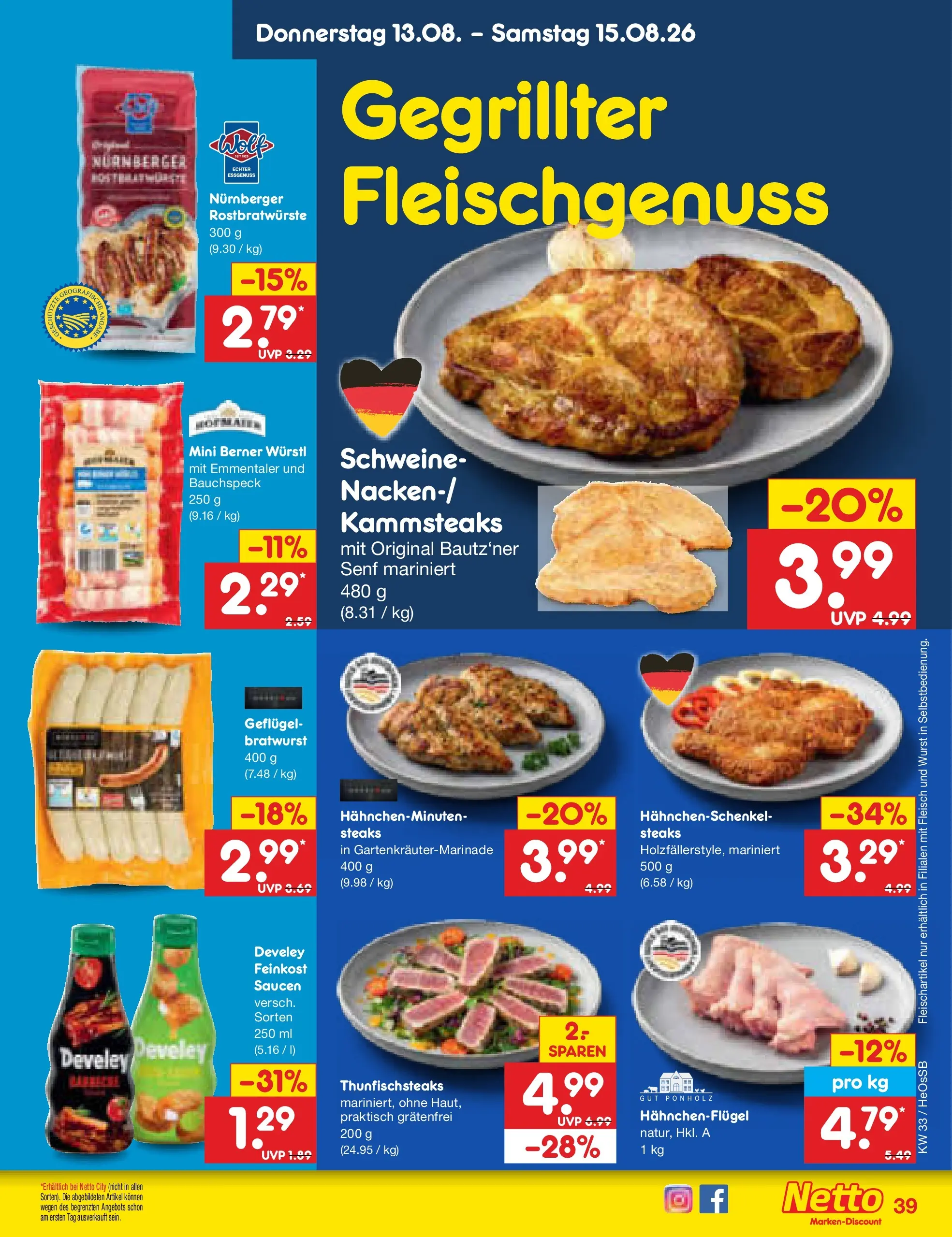 Netto Marken-Discount Prospekt Kröpelin (ab 10.08.2026) » Angebote | Seite: 53 | Produkte: Hahnchenschenkel, Würstl, Bratwurst, Fleisch