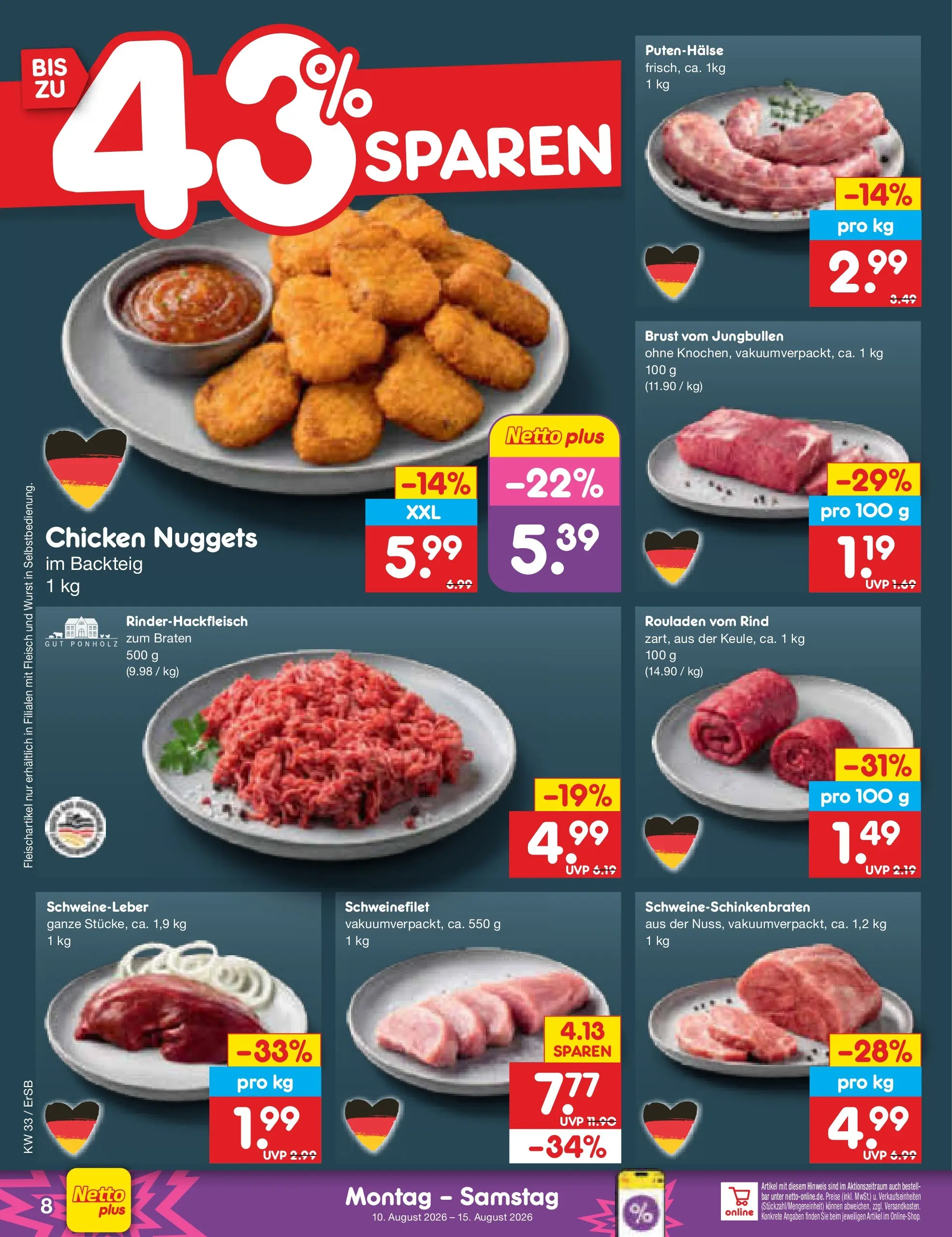 Netto Marken-Discount Prospekt Nordhausen (ab 10.08.2026) ยป Angebote | Seite: 8 | Produkte: Schweinefilet, Wurst, Fleisch Netto Marken-Discount Prospekt Nordhausen (ab 10.08.2026) ยป Angebote | Seite: 8 | Produkte: Schweinefilet, Wurst, Fleisch